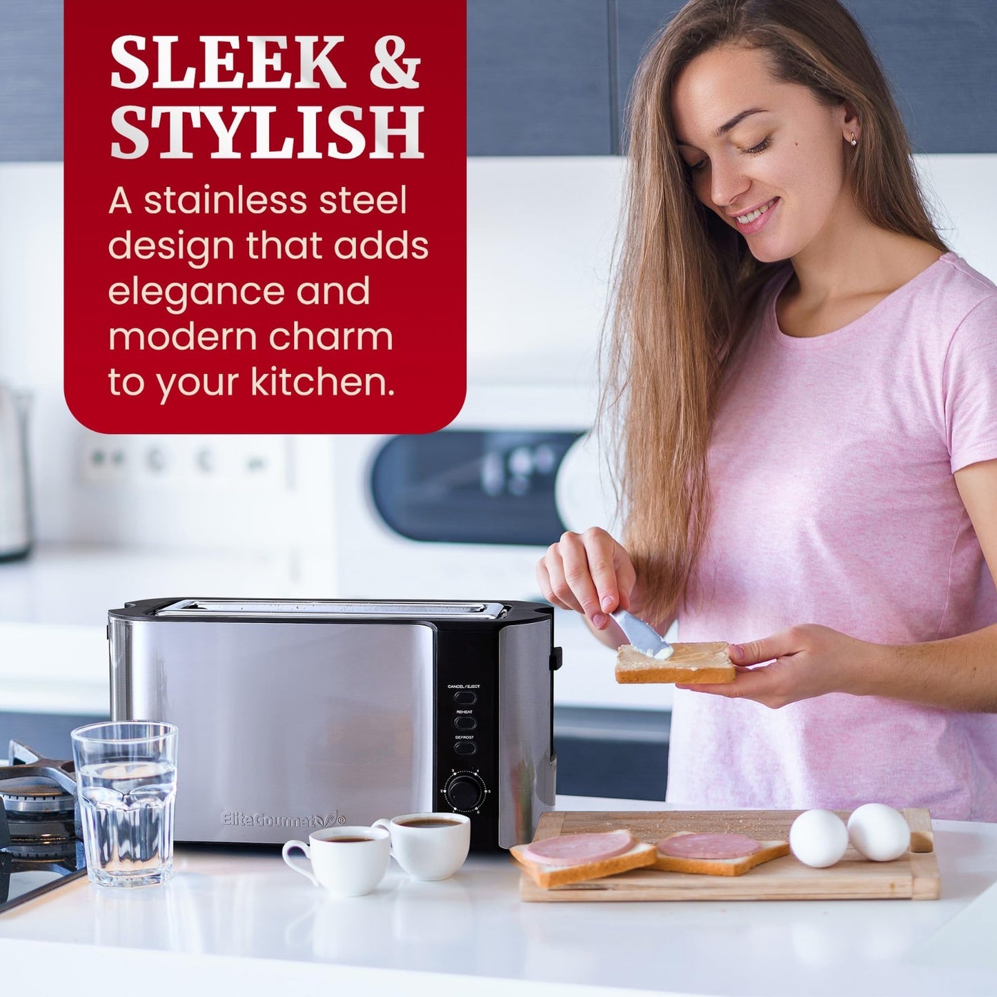 2-Slice Slim Toaster with Long Slot, 6 Settings, Defrost & Warming Rack - Stainl8