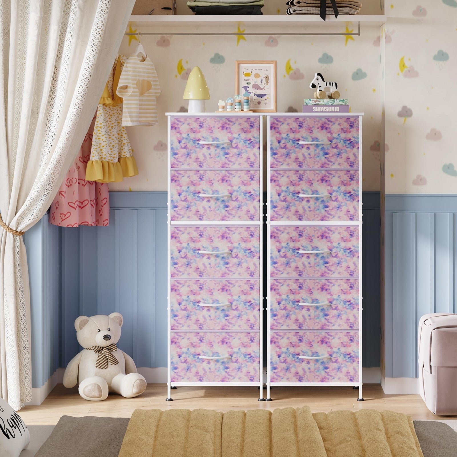 Tall Dresser for Bedroom - 5 Drawer Vertical Fabric Chest, Tie-Dye Design, Space7