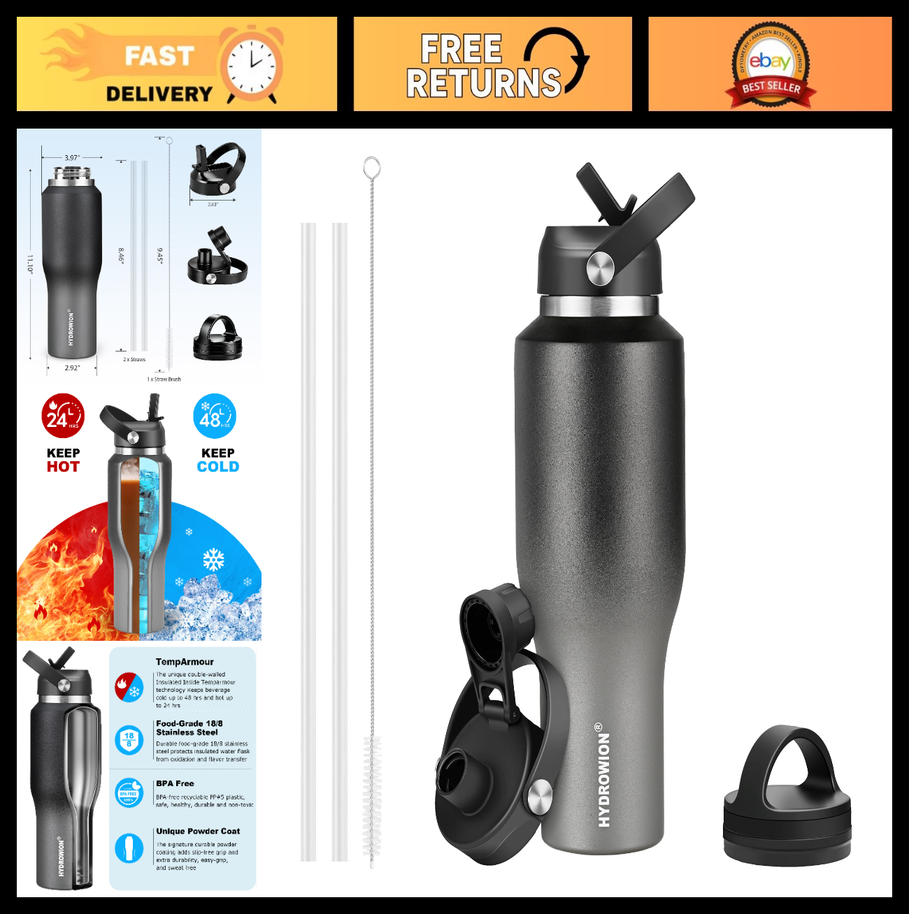 Insulated 40 oz Stainless Steel Water Bottle - Keeps Cold 48hrs, Hot 24hrs, Leak0