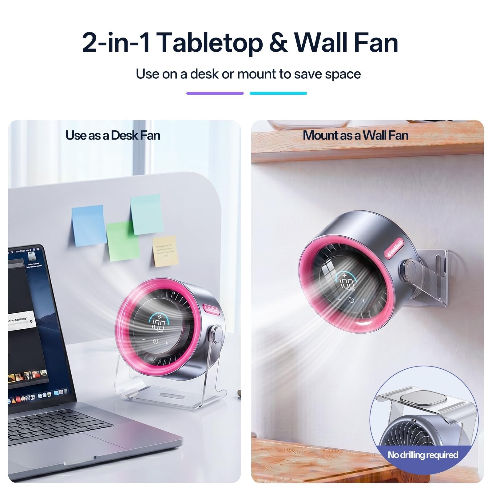 Quiet USB Desk Fan   100 Speeds, Digital Display, Turbo Airflow, 120° Rotation,3