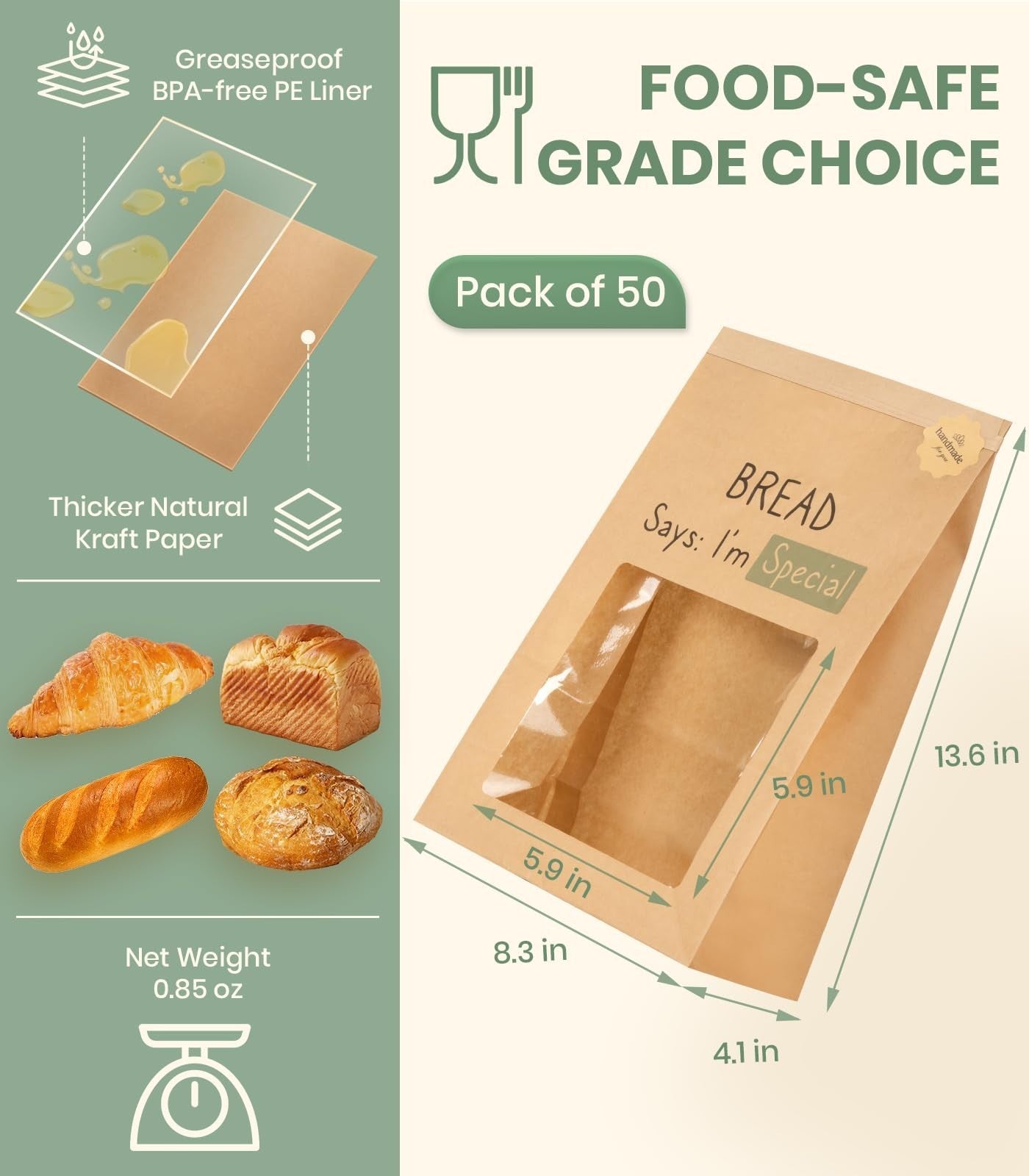 100PCS Kraft Bread Bags with Large Window - Perfect for Bakery & Homemade Loaves2