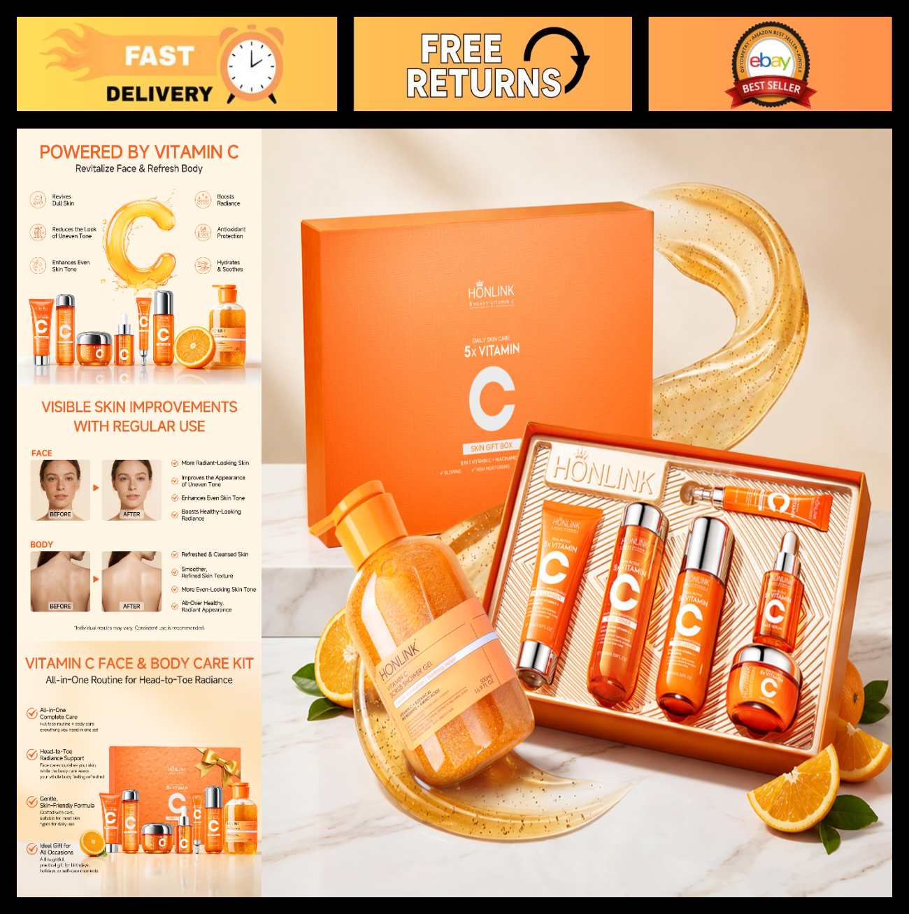 Vitamin C Skincare Gift Set for Women   Facial Care + Exfoliating Body Wash, Hyd0