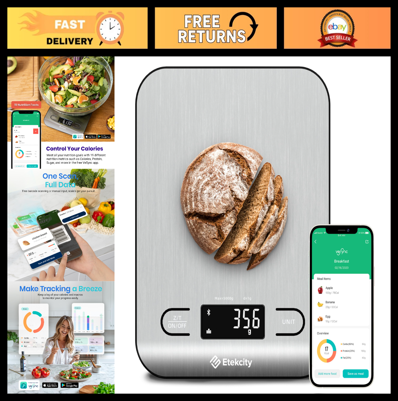 Digital Kitchen Scale   Food Nutrition Scale for Grams & Ounces, Tare Function,0