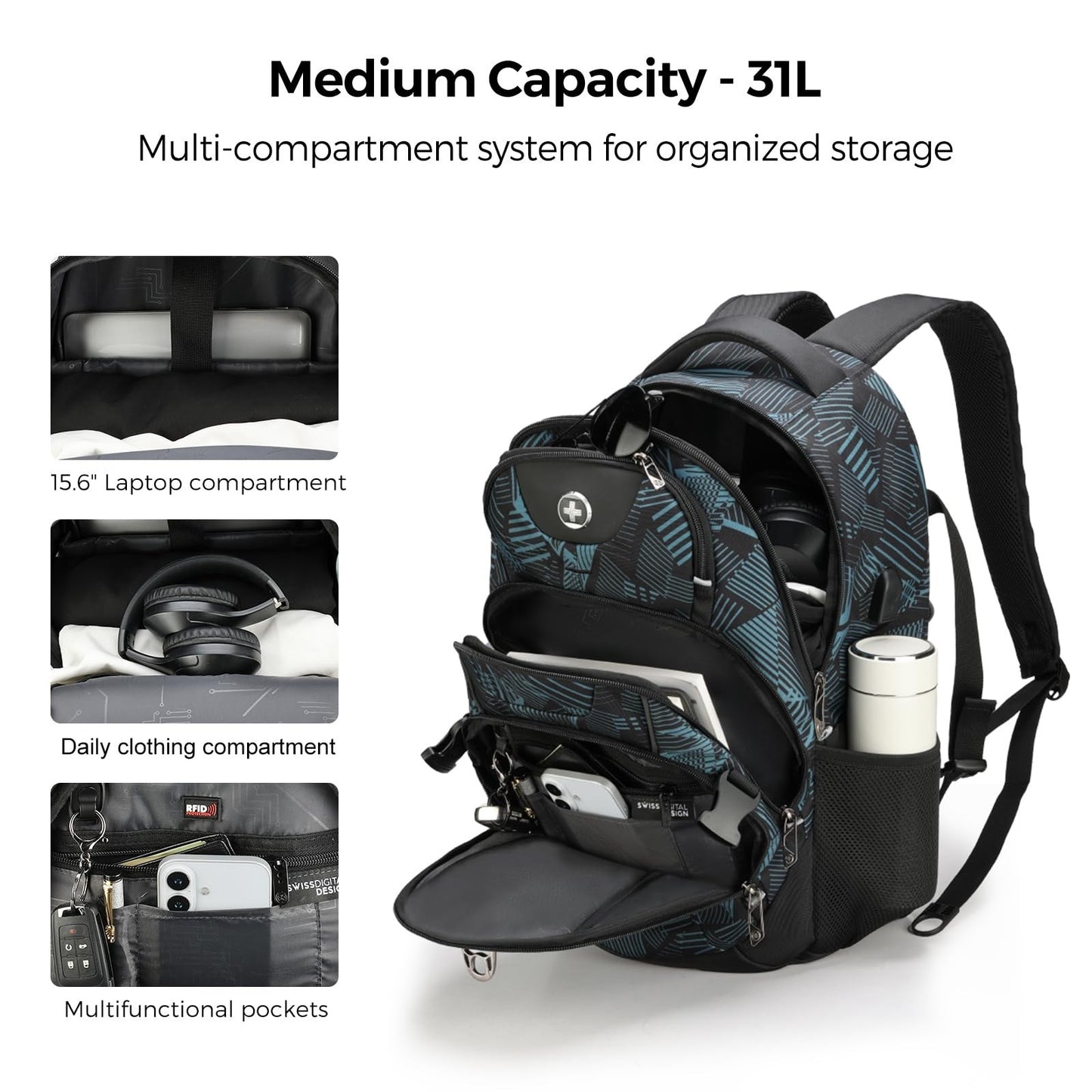 Travel Laptop Backpack with USB Charging Port, Fits 15.6" Computer, 31L, Dark Gr6