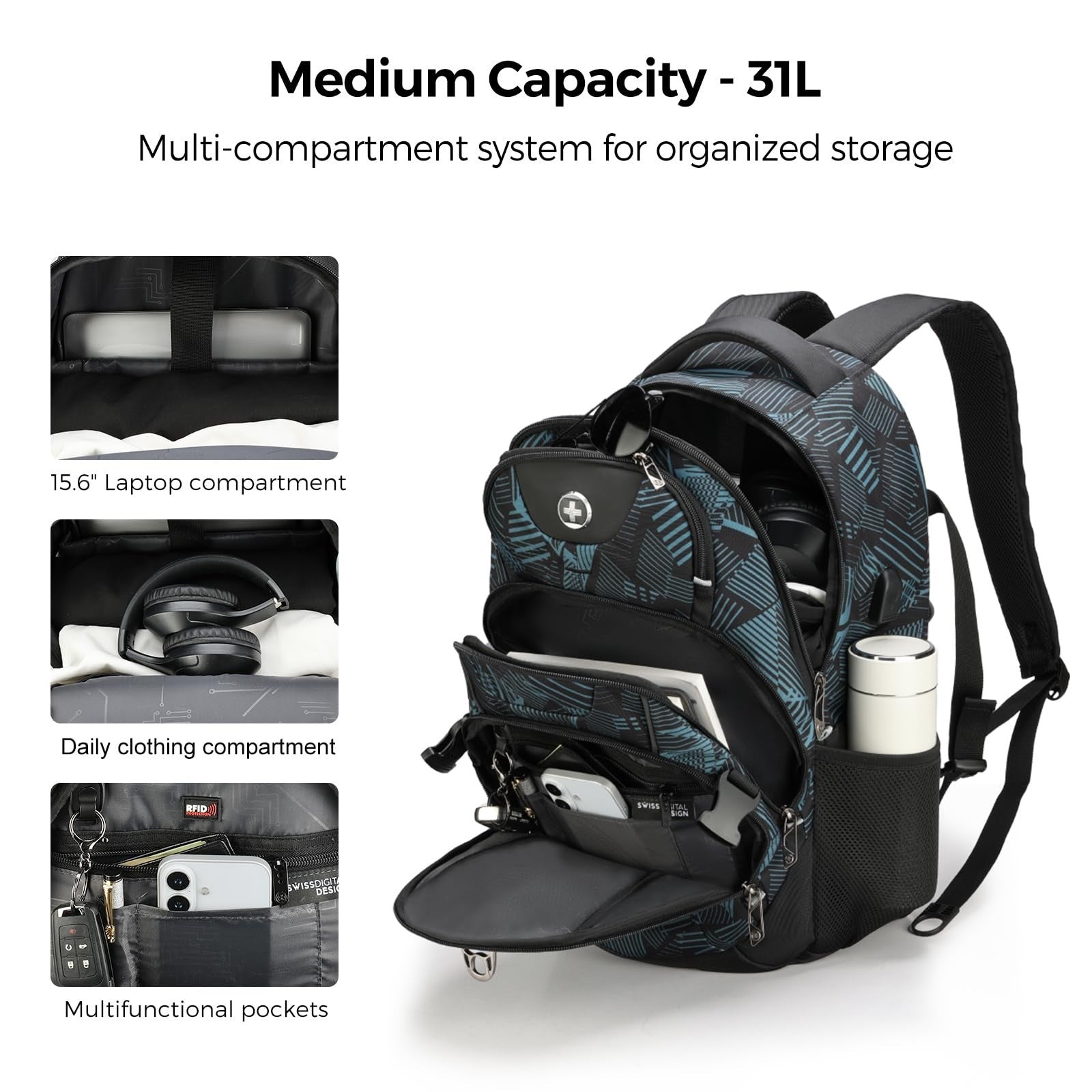 Travel Laptop Backpack with USB Charging Port, Fits 15.6" Computer, 31L, Dark Gr6