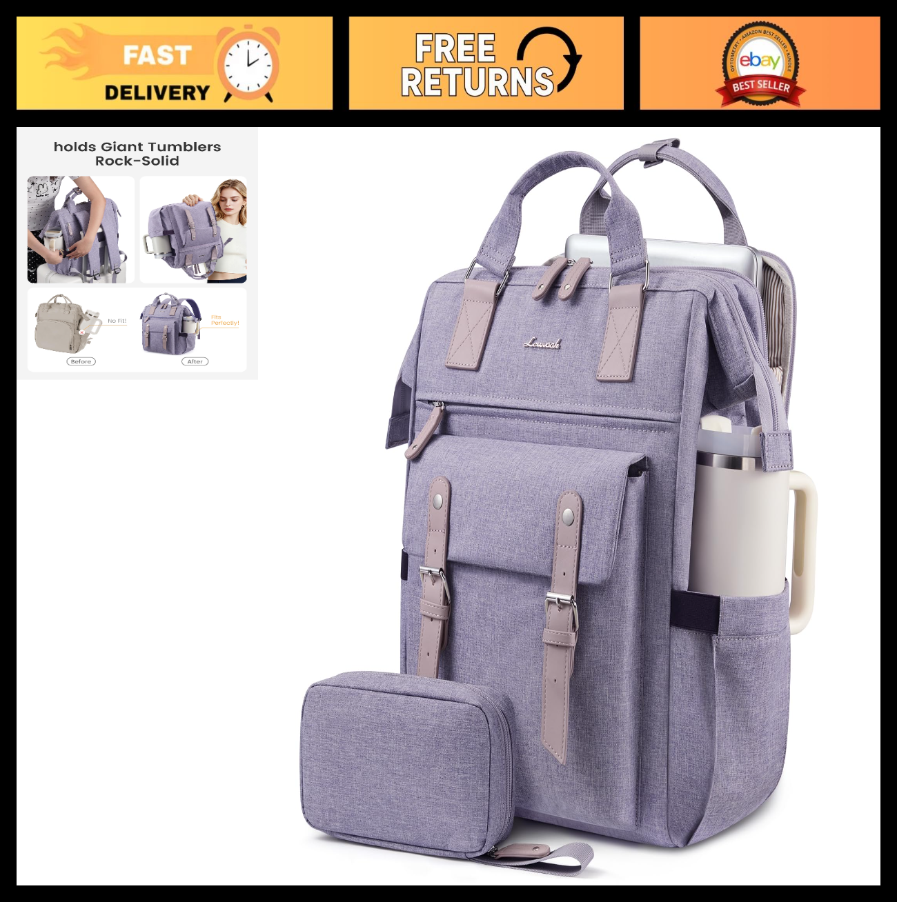 Stylish Waterproof Laptop Backpack for Women, 17.3" with Tumbler Holder, Travel0