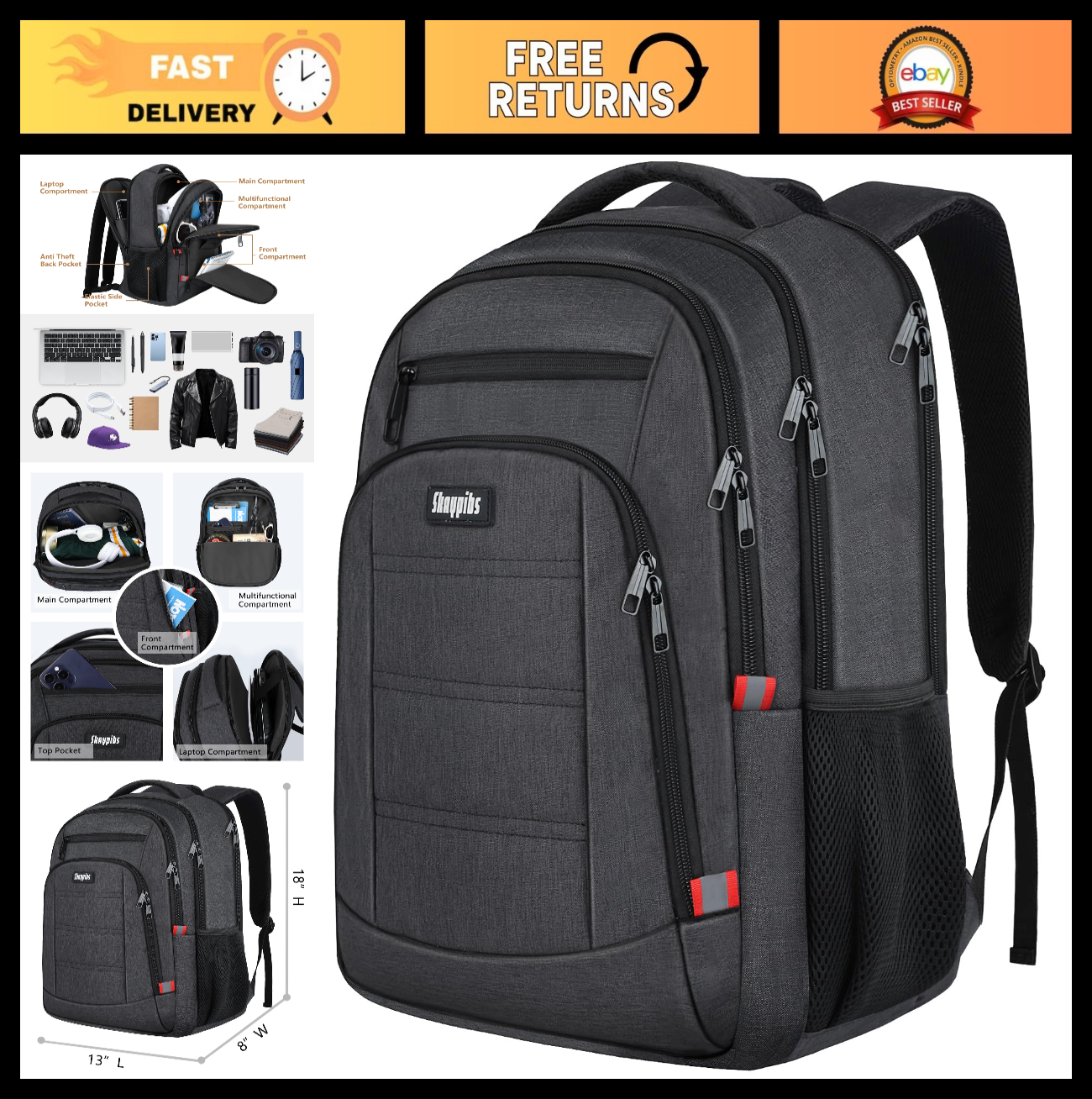 Travel Laptop Backpack for Men, Water Resistant School Bookbag, Fits 15.6" Lapto0