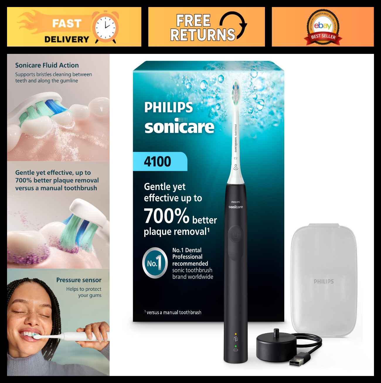 Rechargeable Electric Toothbrush, 700% Plaque Removal, Pressure Sensor, 2 Settin0