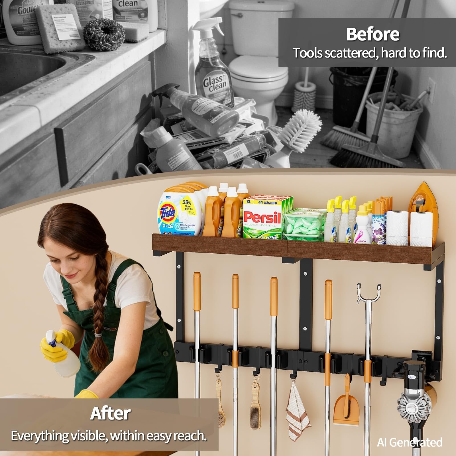 Wall-Mounted Broom and Mop Organizer, Space-Saving Holder for Cleaning Tools6