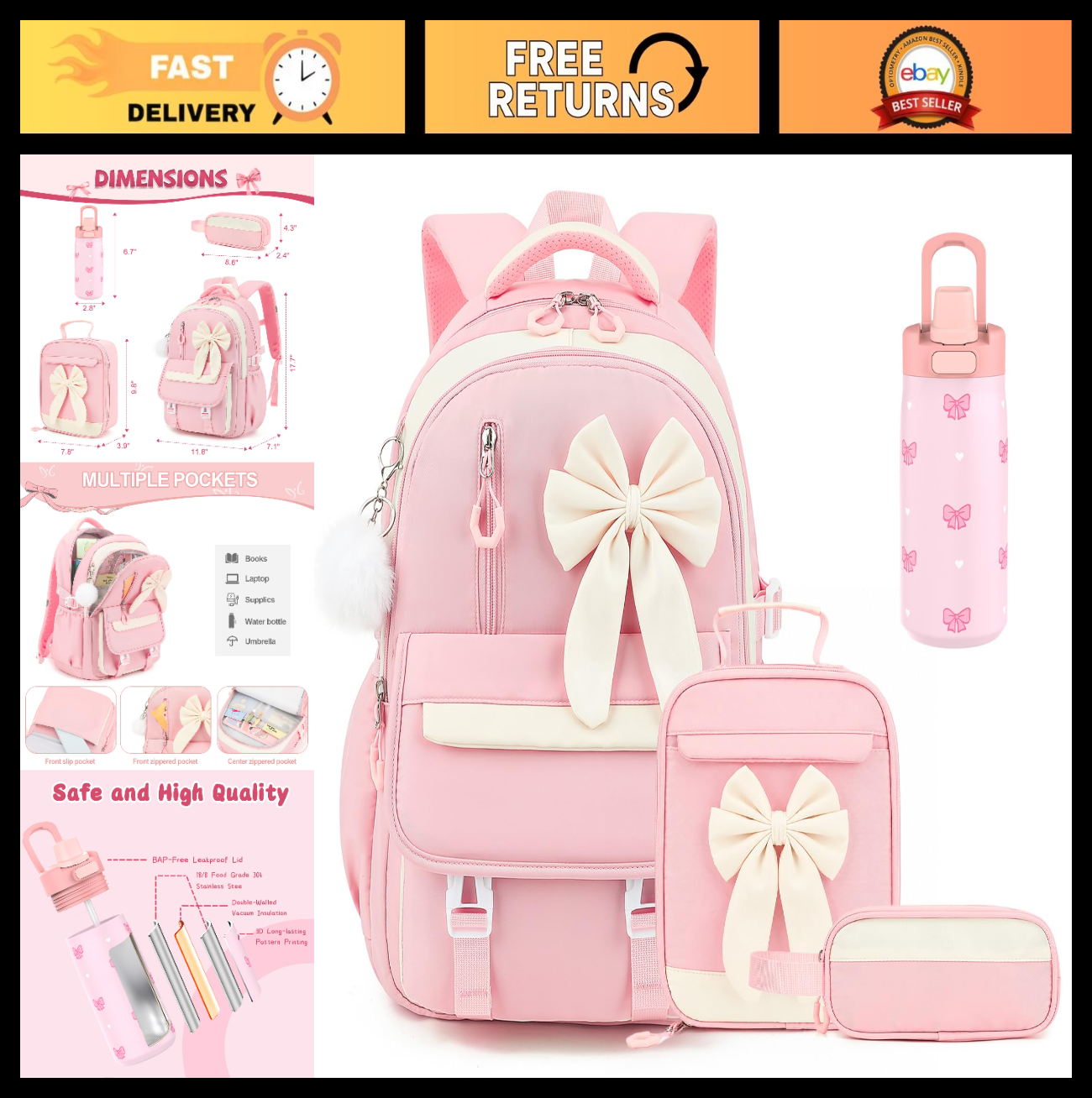 Stylish 4PCS Girls Backpack Set with 14OZ Water Bottle, Lunch Bag & Pencil Case0