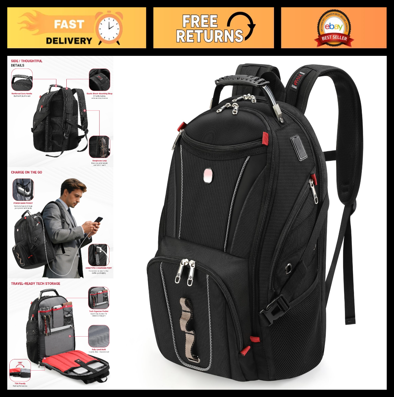 17" Travel Laptop Backpack, USB & Type C Charging, TSA Friendly, Multi Pocket Bu0