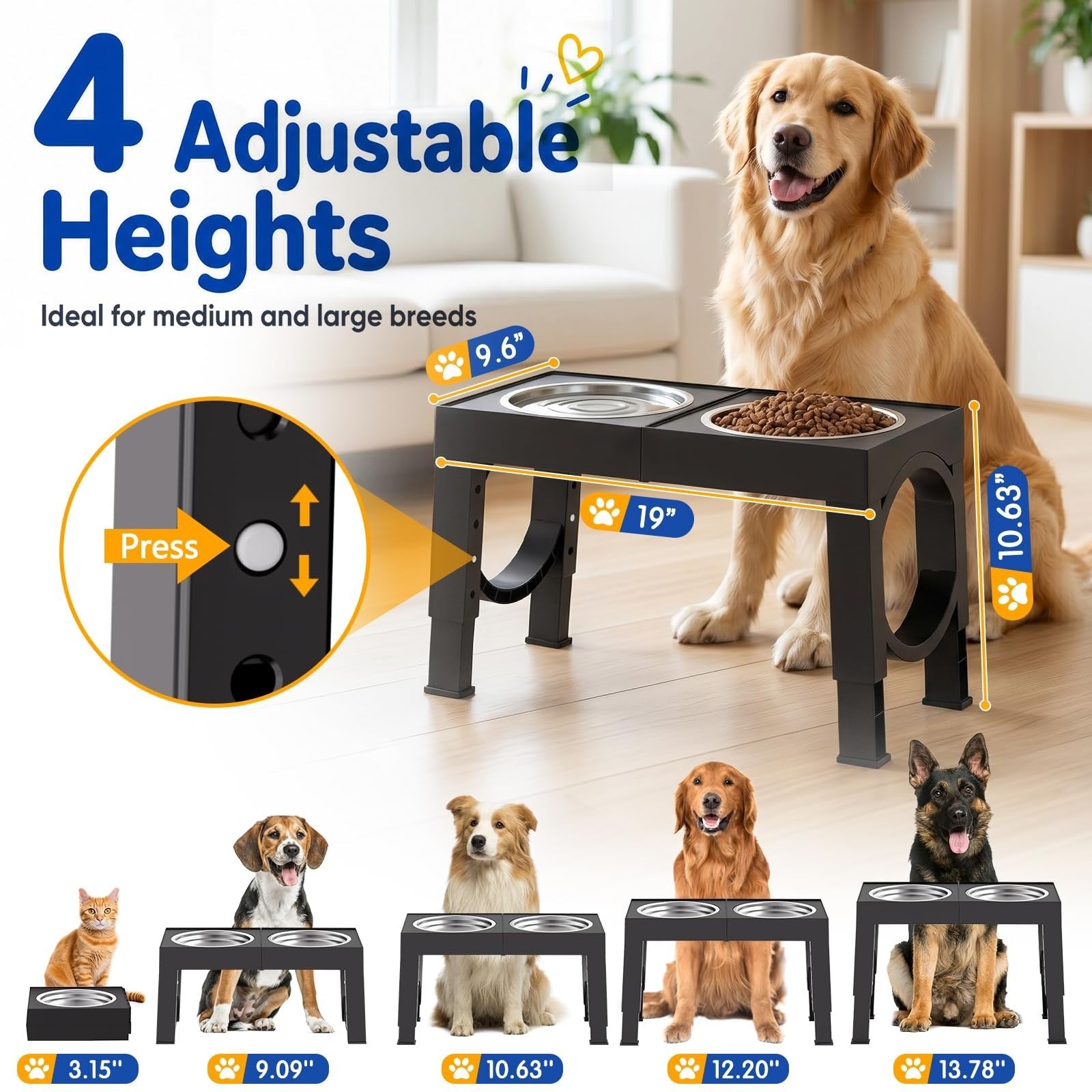 Elevated Dog Bowls for Large Breeds   Adjustable Stainless Steel Feeder Stand 9 2