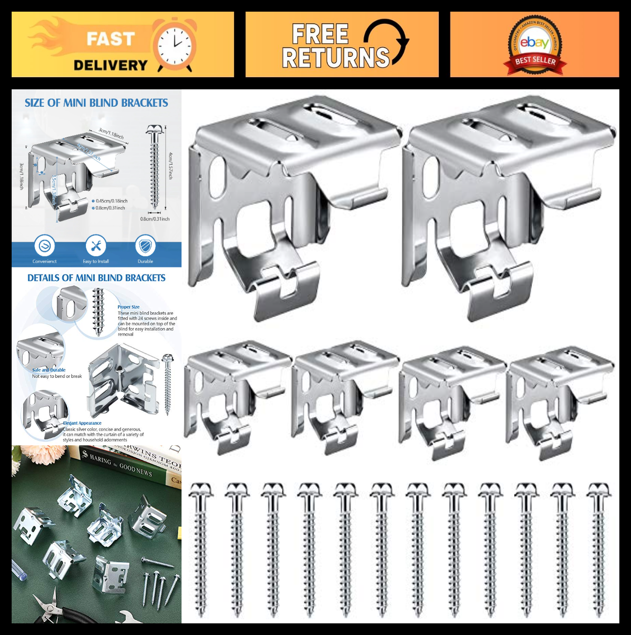 12 Mini Blind Brackets for Window Blinds with Screws - 1.18x1.18 Inch, Set of 120