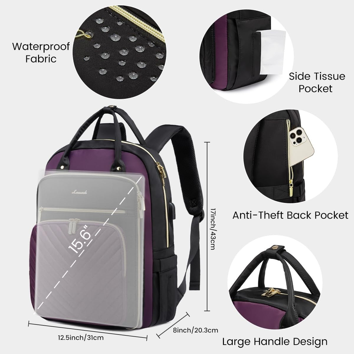 Stylish Water Resistant Laptop Backpack for Women   USB Charging, Fits 15.6" Lap2