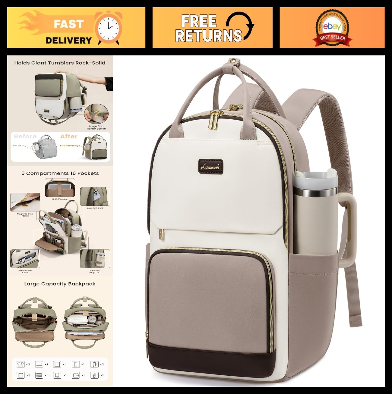 Stylish 15.6" Laptop Backpack with Tumbler Holder, Waterproof College Bag, Beige0