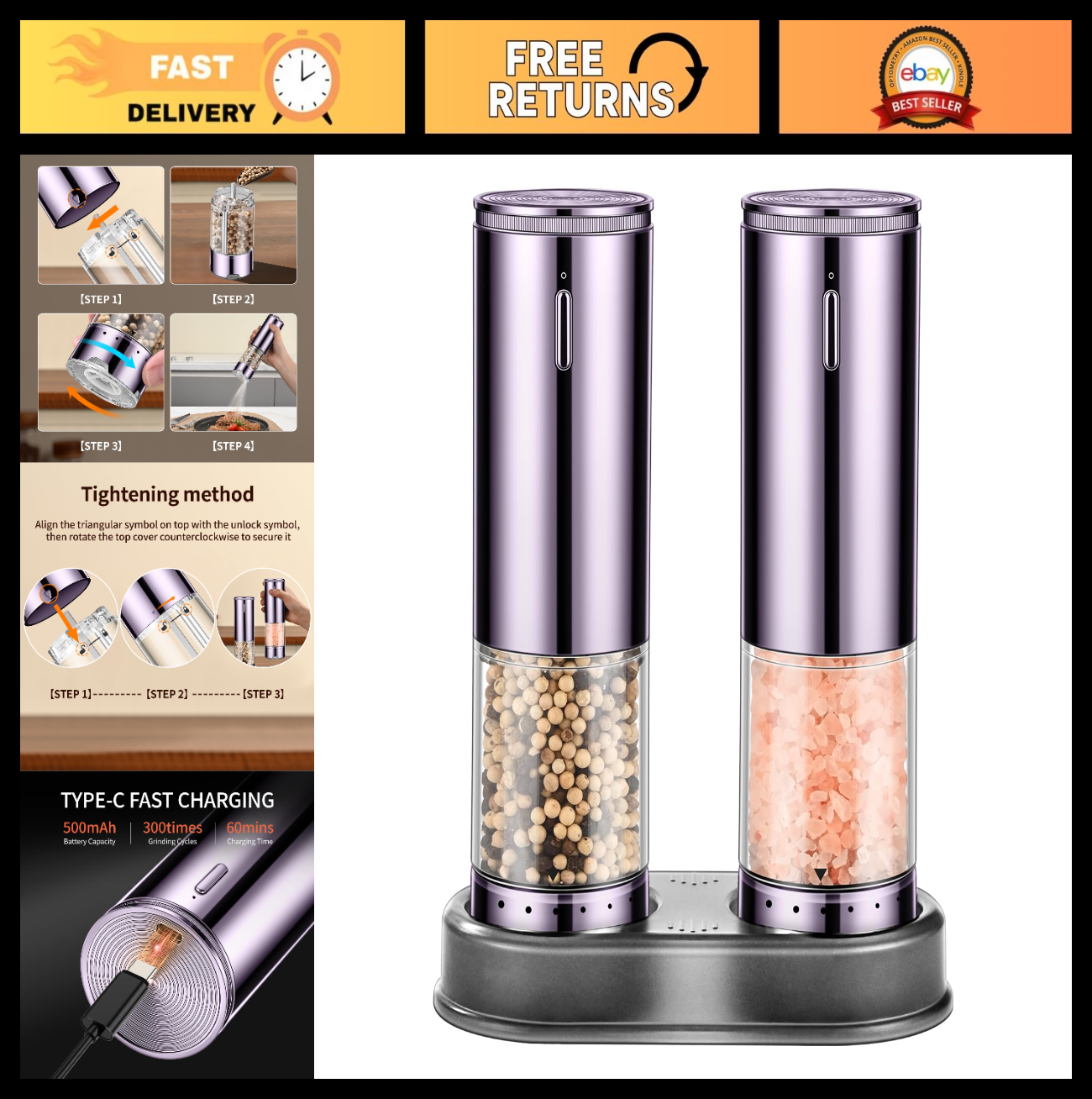 Electric Rechargeable Salt & Pepper Grinder Set   Automatic, Adjustable Coarsene0