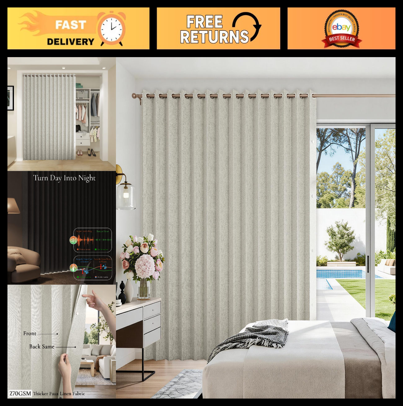 Accordion Door Curtains for Doorways, Fabric Privacy Panel, 1 Panel W100 x L84,0
