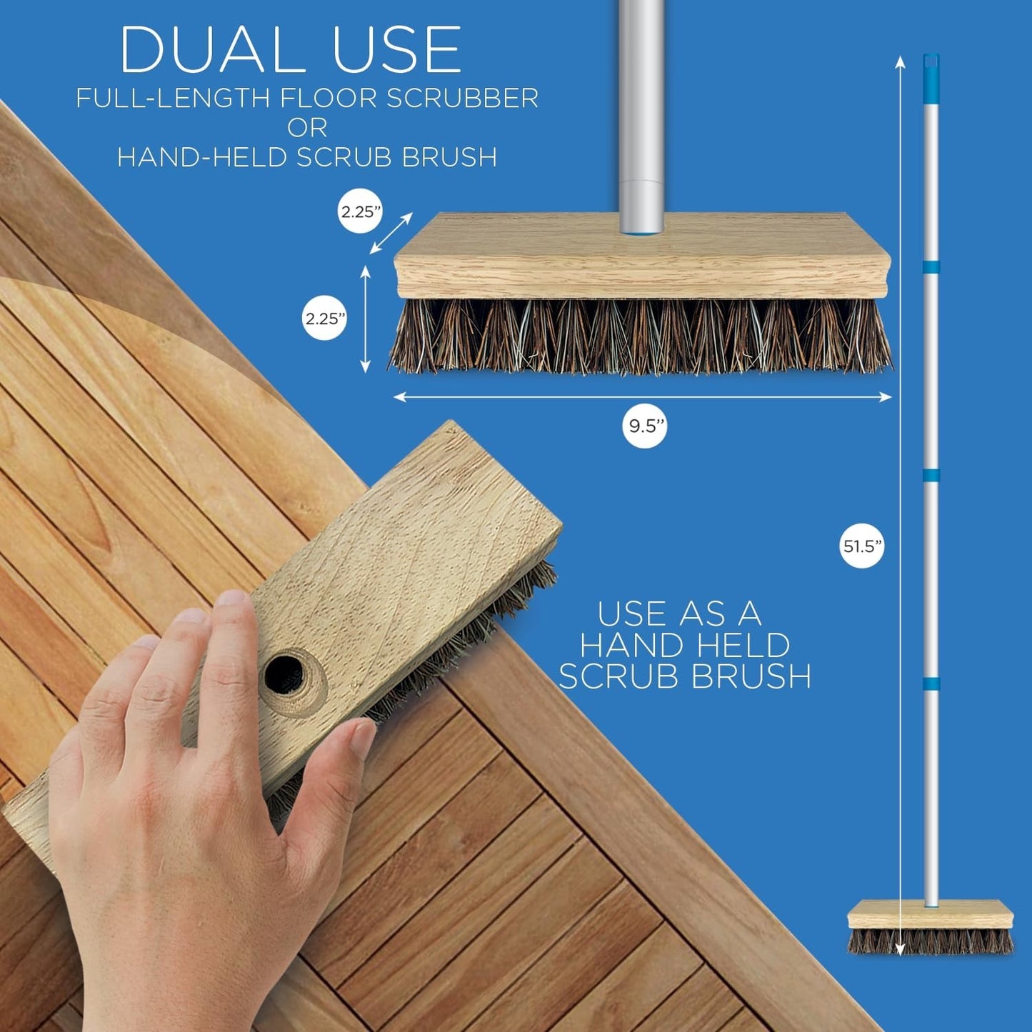 9" x 3.5" Deck Scrub Brush with Palmyra & PVC Bristles for Outdoor Cleaning, Dir2
