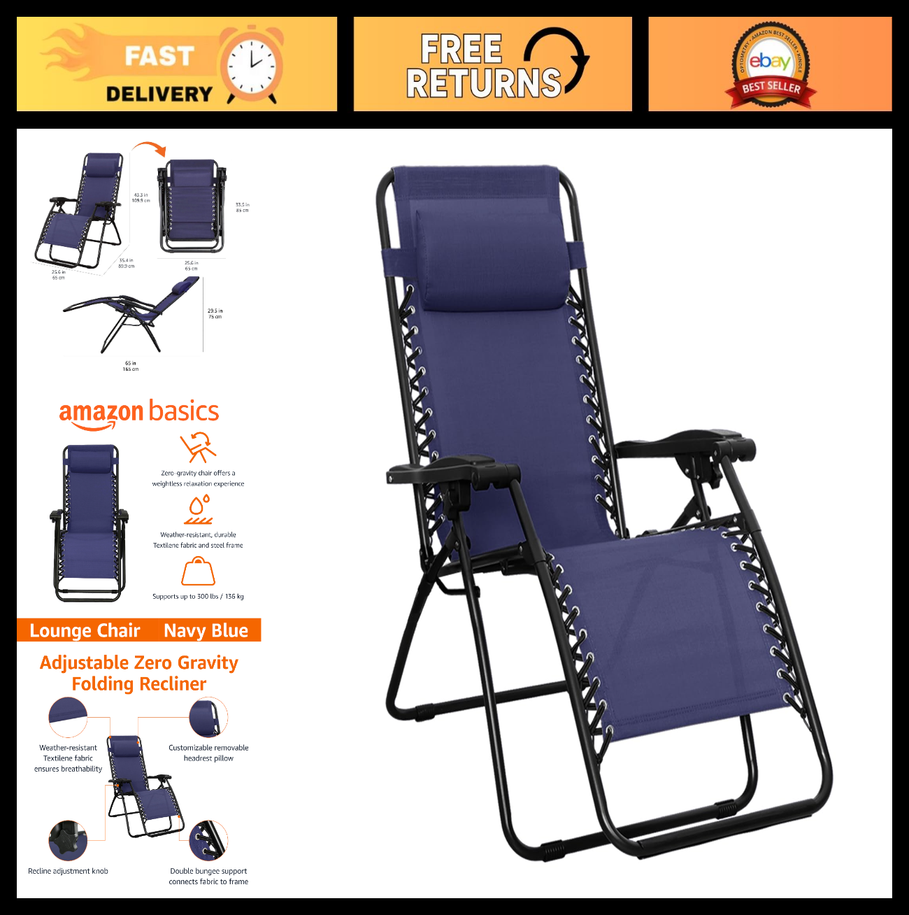 Zero Gravity Lounge Chair with Pillow   Foldable Outdoor Recliner, 300 lb Capaci0