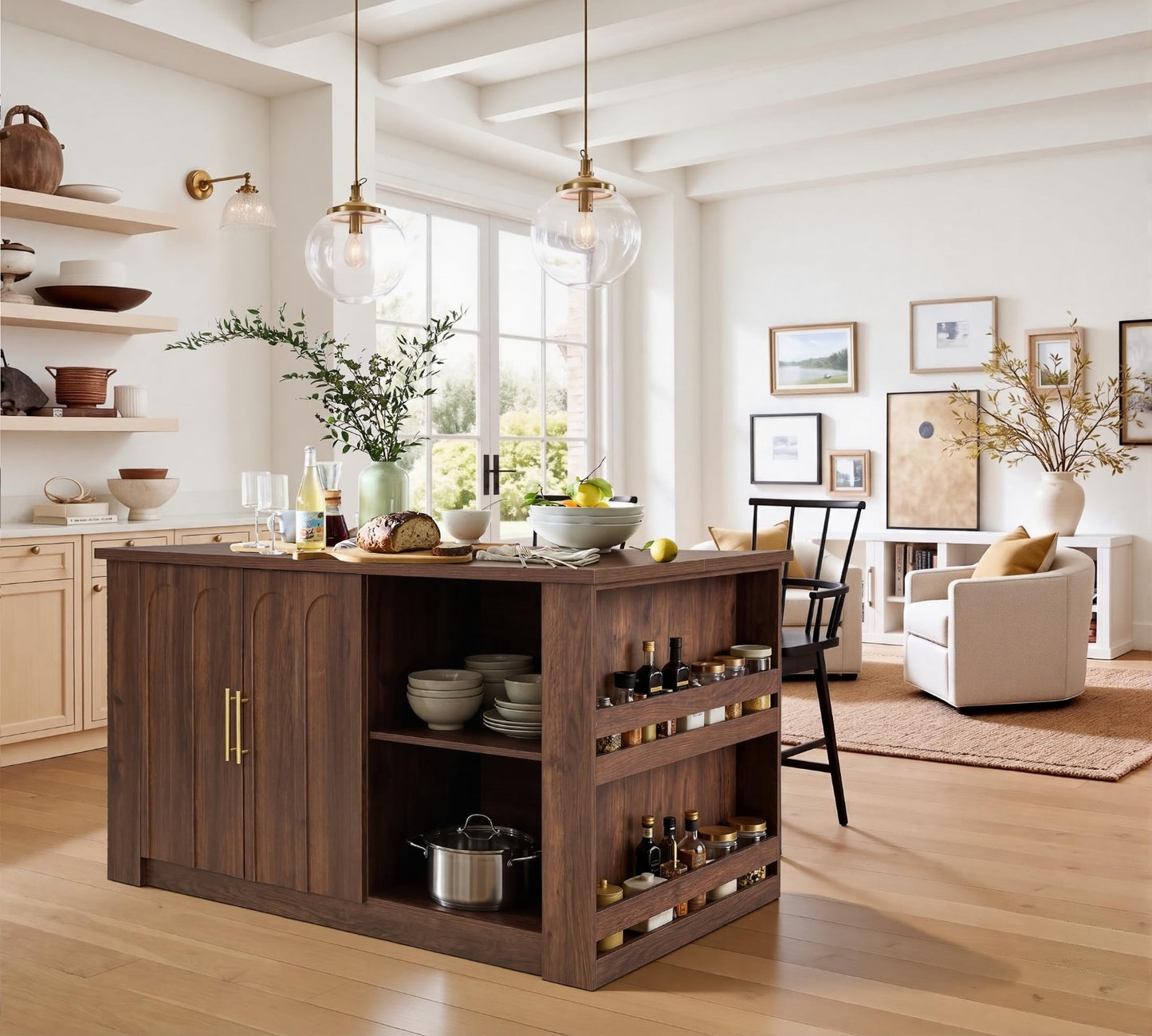 62.9" Large Kitchen Island with Storage, Arched Doors, Mid Century Modern Design3