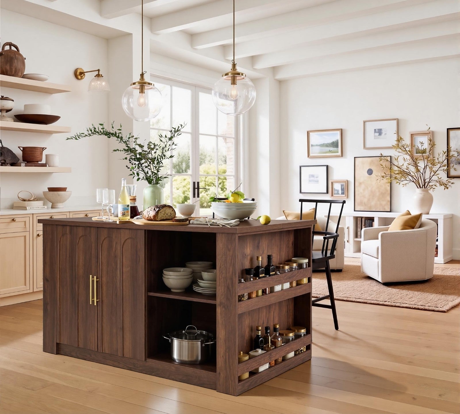 62.9" Large Kitchen Island with Storage, Arched Doors, Mid Century Modern Design3