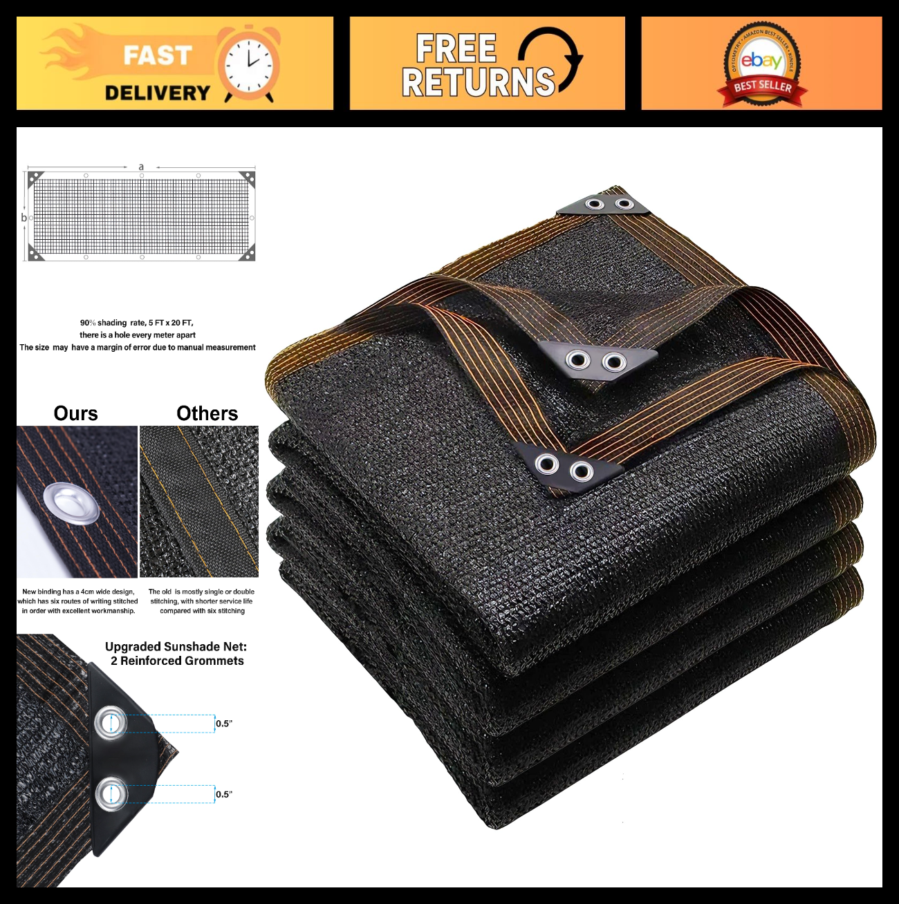 90% Black Shade Cloth 5x20 FT - Garden Mesh Tarp for Greenhouse, Patio, Plants &0