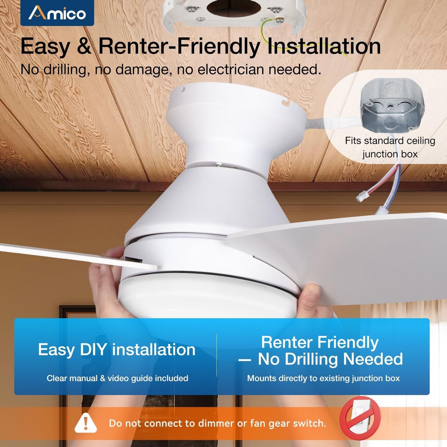 42" White Low Profile Ceiling Fan with Lights & Remote | Dimmable, Quiet DC Moto6