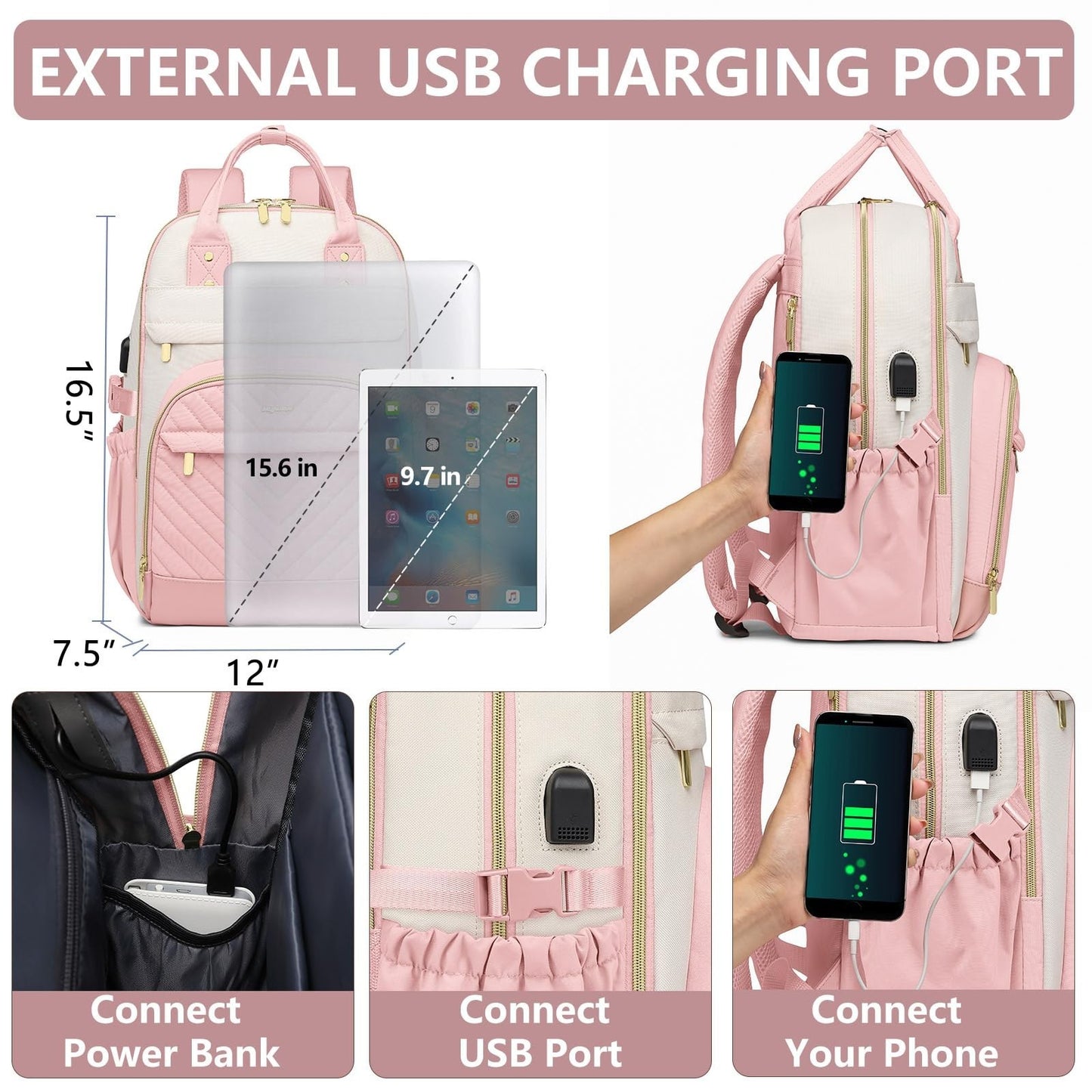 Stylish Laptop Backpack for Women   15.6" College Bookbag with Large Tumbler Poc3