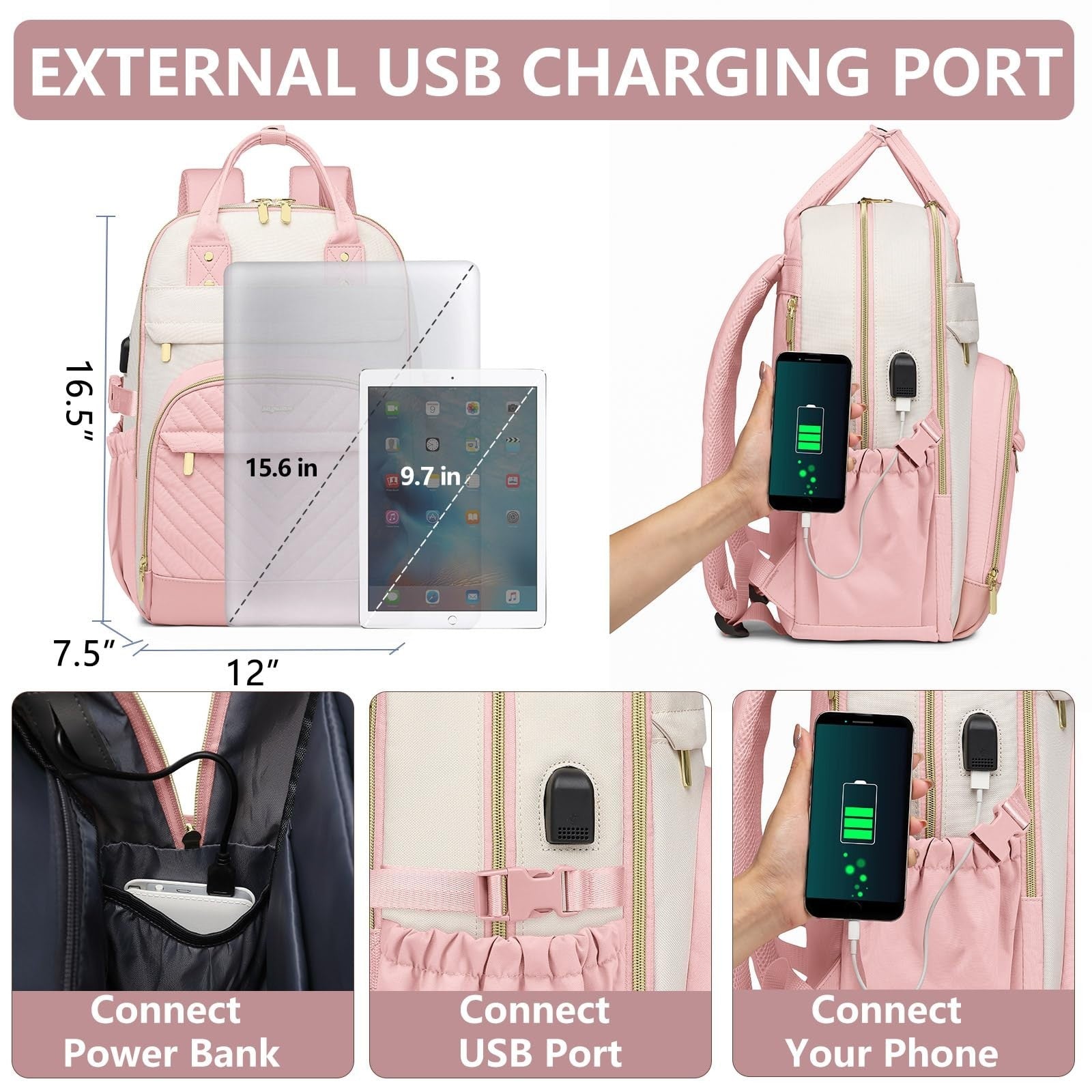 Stylish Laptop Backpack for Women   15.6" College Bookbag with Large Tumbler Poc3