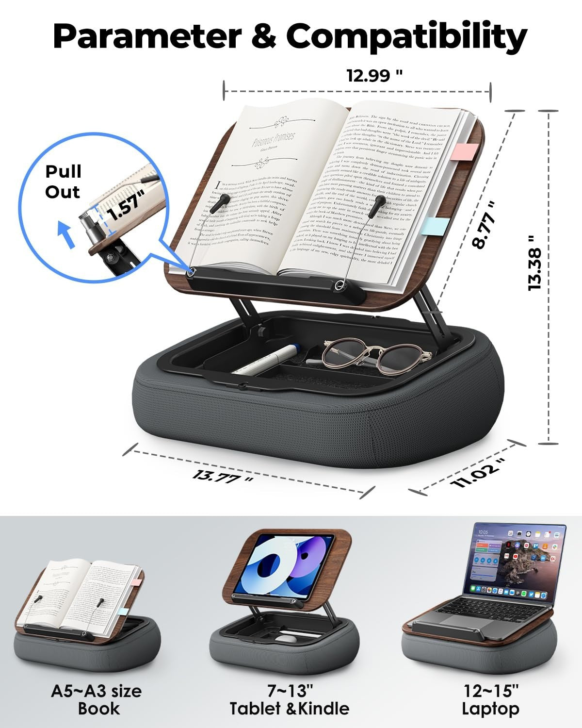 Adjustable Lap Pillow Stand with Storage, Multi-Angle Book Holder for Reading in2