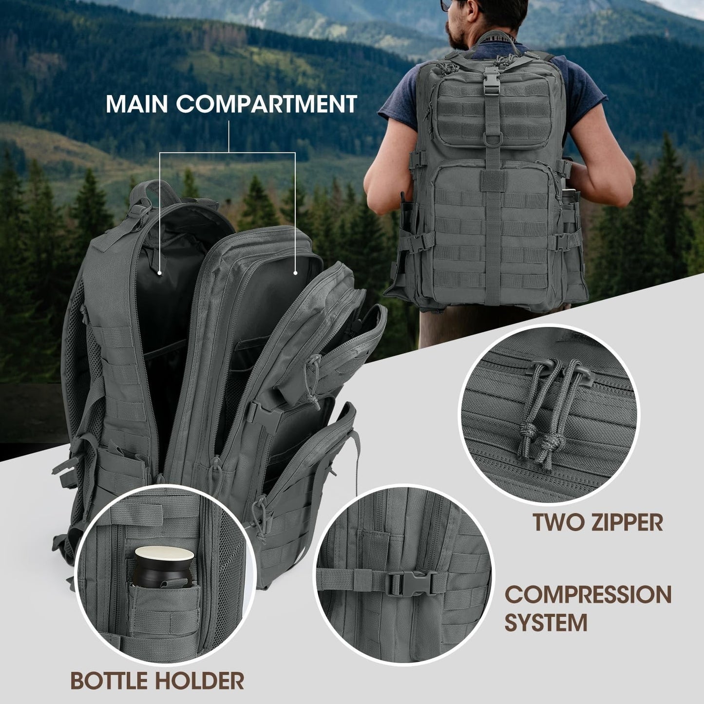 Tactical Military Backpack for Men   3 Day Survival Gear, Grey, Outdoor Travel5
