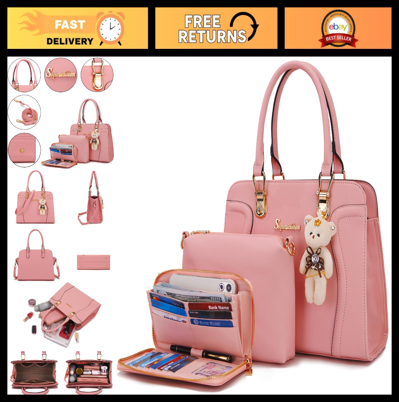 Stylish 3pcs Women's Shoulder Handbags Set - Satchel, Wallet & Purse Combo0