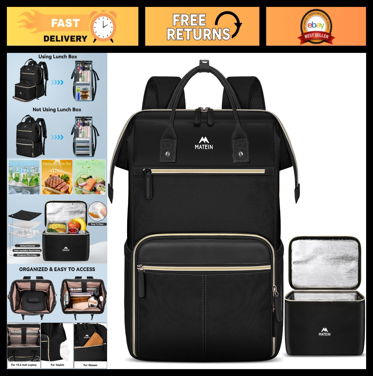 Stylish 15.6" Laptop Backpack with Insulated Lunch Box - Perfect for Work, Trave0