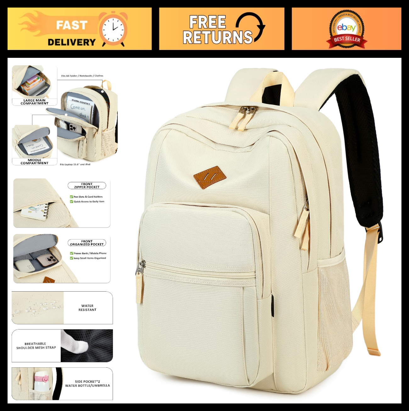 Water Resistant Women's Travel Backpack, College Bookbag, Cream Beige, Unisex0