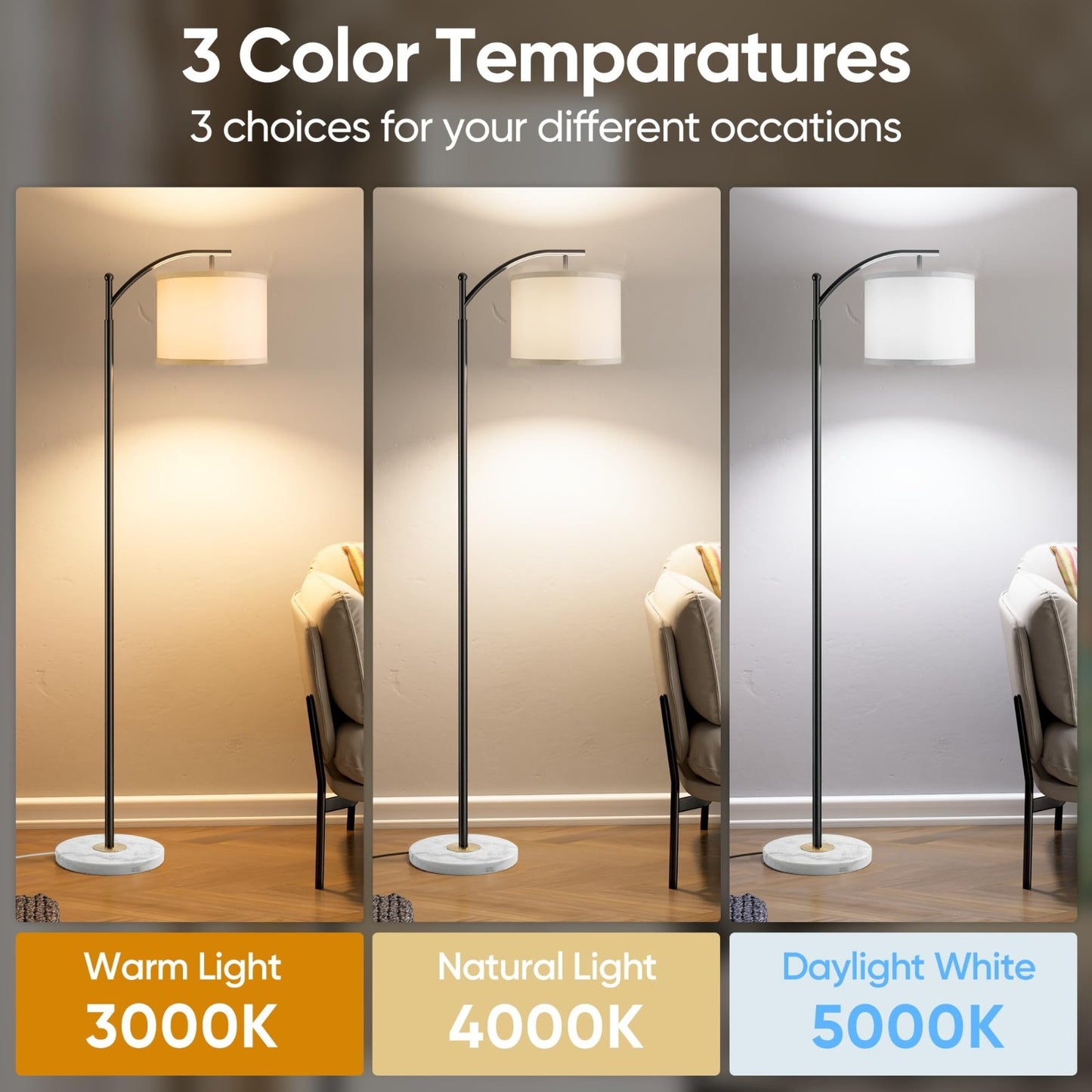 Modern Floor Lamp with Marble Base, Adjustable Linen Shade & 3 Color Temperature2