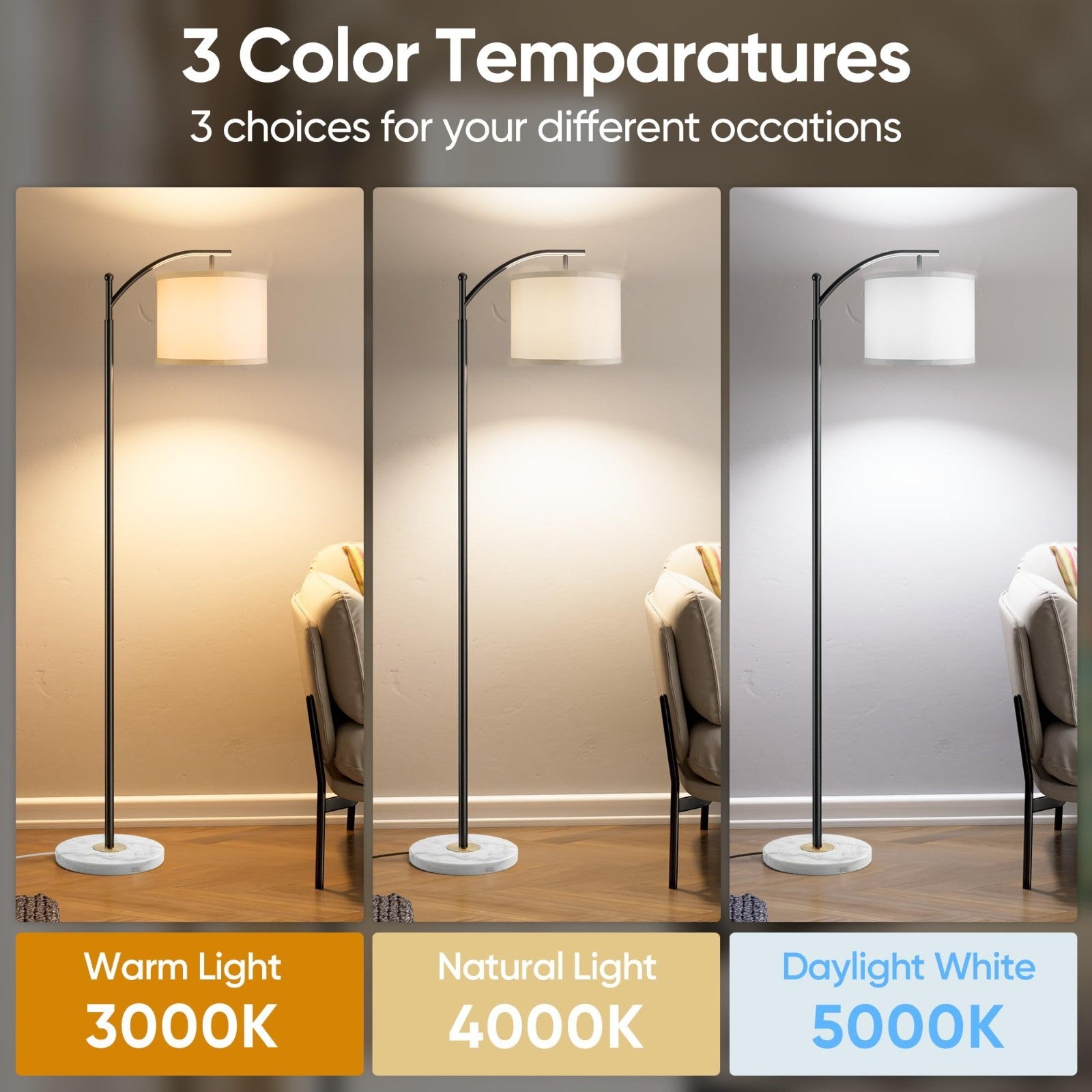 Modern Floor Lamp with Marble Base, Adjustable Linen Shade & 3 Color Temperature2