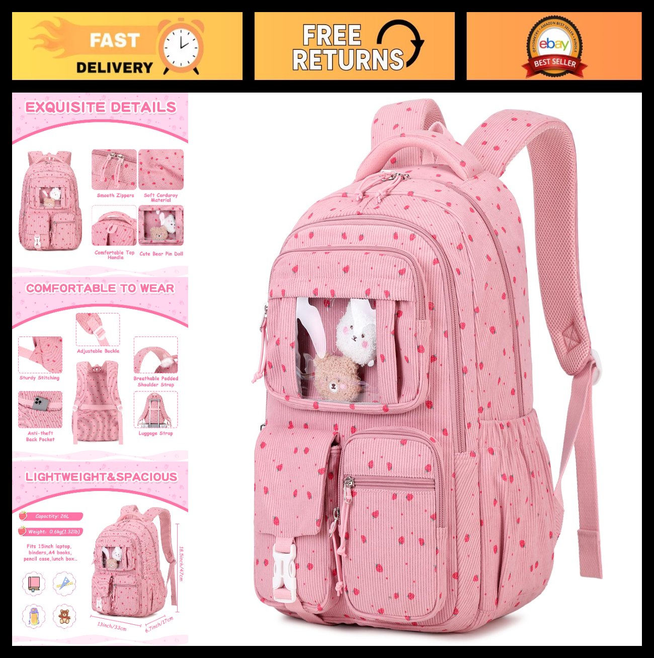 Kawaii Pink Strawberry Corduroy Backpack for Girls - School Bag for Kids, Middle0