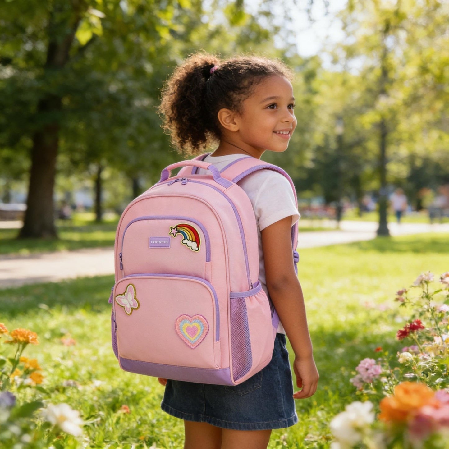 Personalized Girls Backpack Set - Custom School Bookbag with Iron-On Patches, 3P2