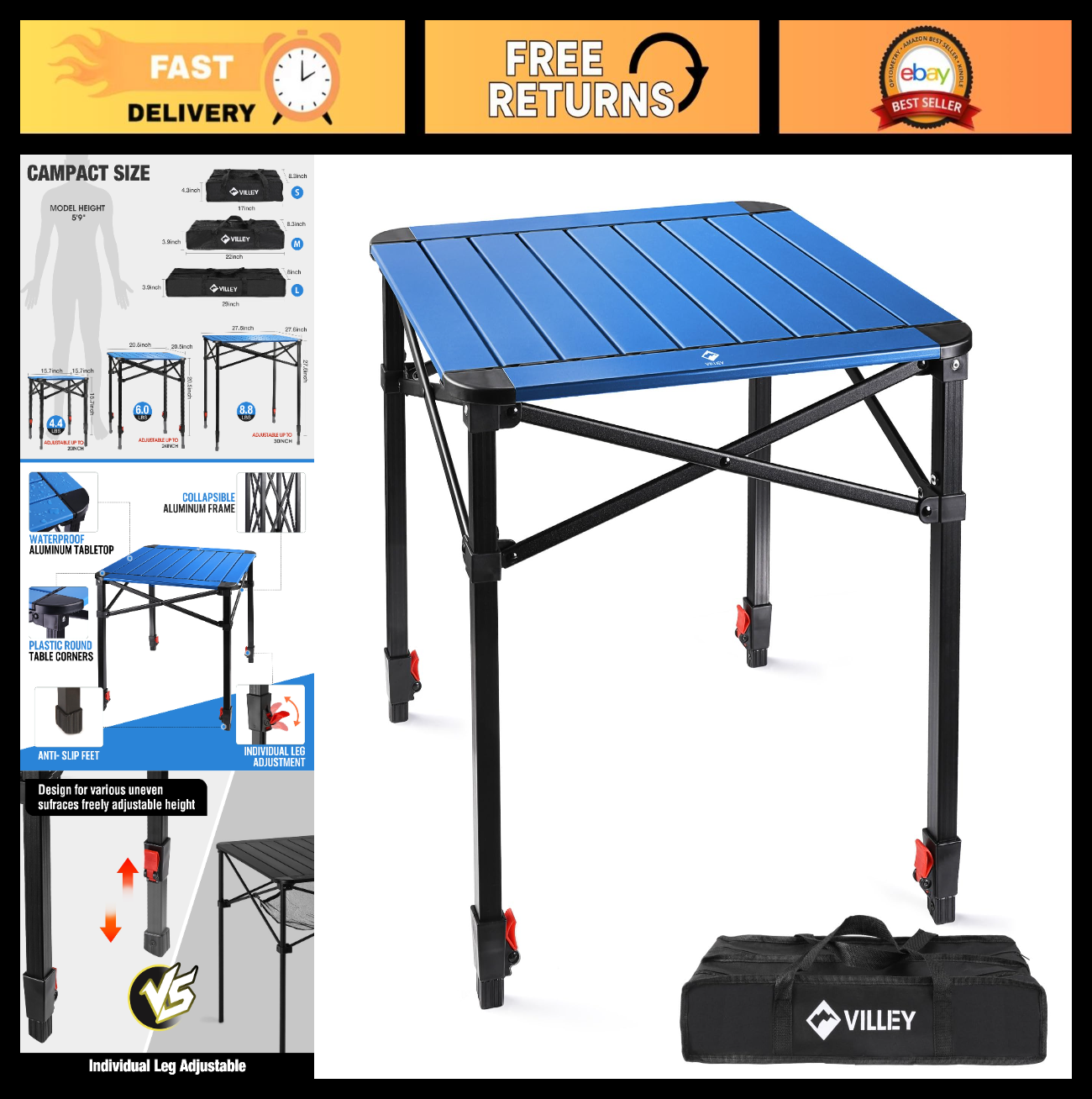 Lightweight Adjustable Folding Camping Table with Carry Bag - Perfect for Outdoo0