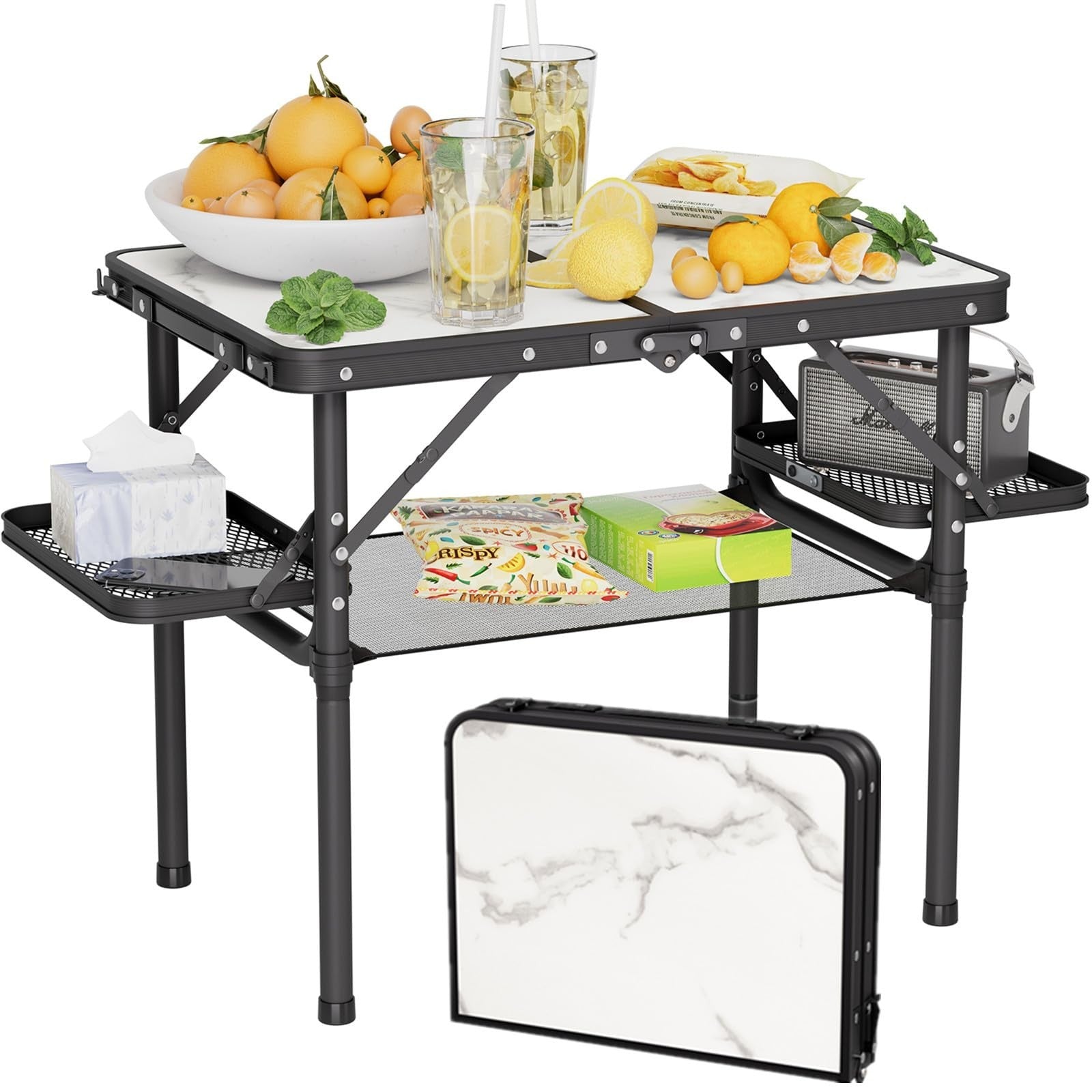 Compact Folding Camping Table 2ft with Side Racks & Net - Portable Picnic & Beac1