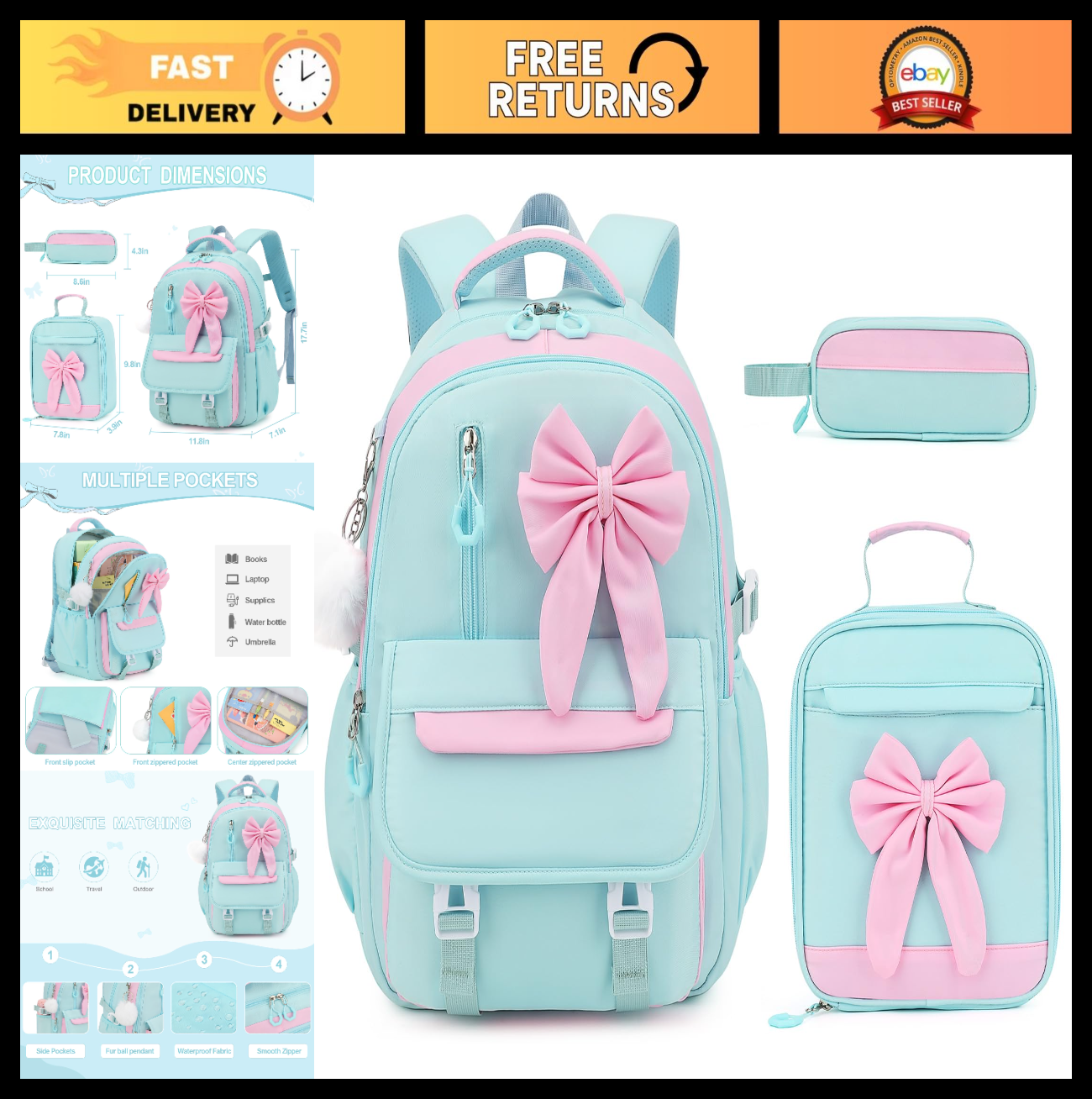 Girls Bow Backpack Set   3PCS with Lunch Bag & Pencil Case   Cute School Bag0