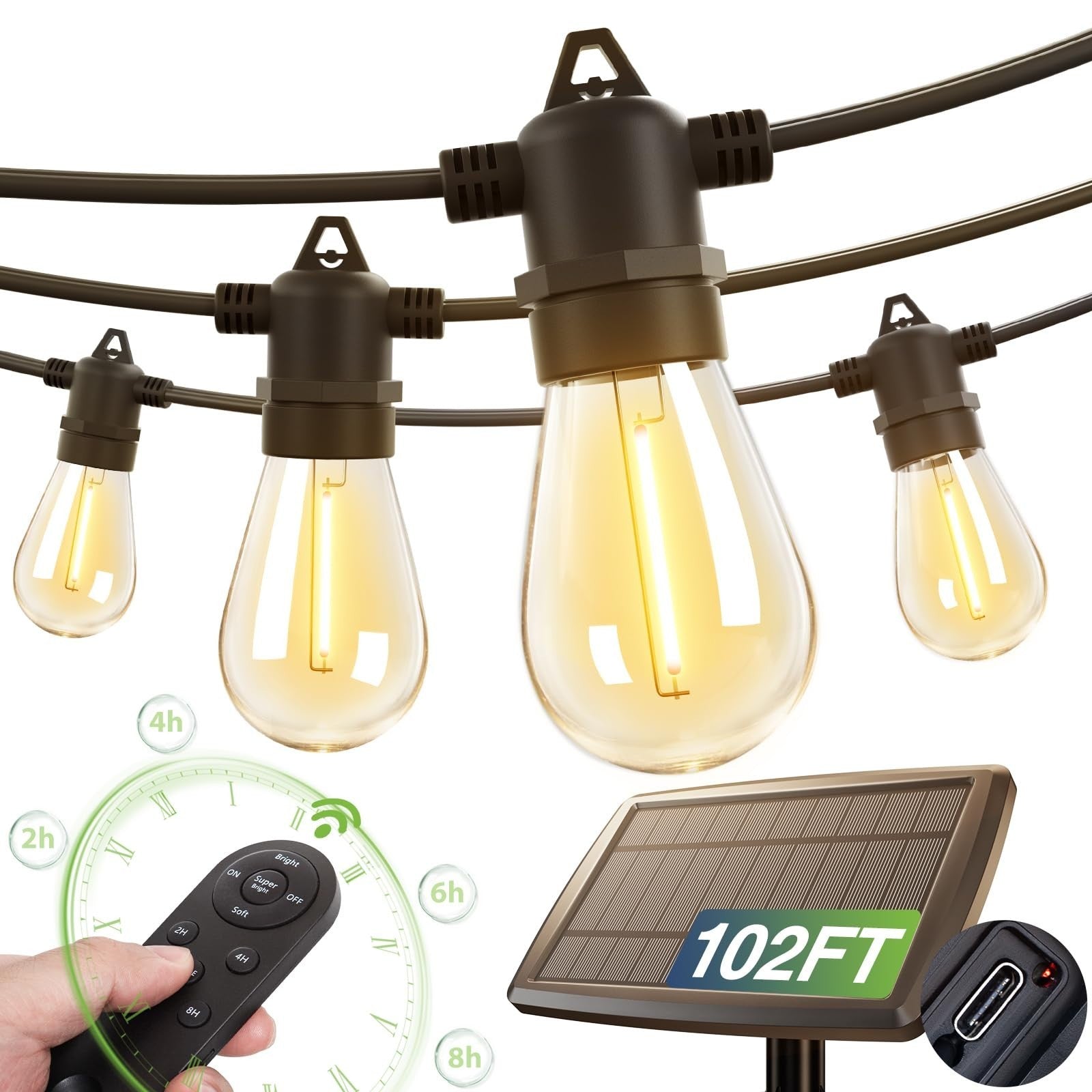 102FT Solar String Lights Outdoor, USB Charging, IP65 Waterproof, Dimmable Timer0
