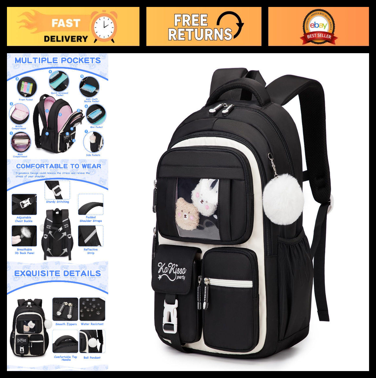 Kawaii Girls Backpack - Stylish School Bag for Middle & Elementary Students - Bl0