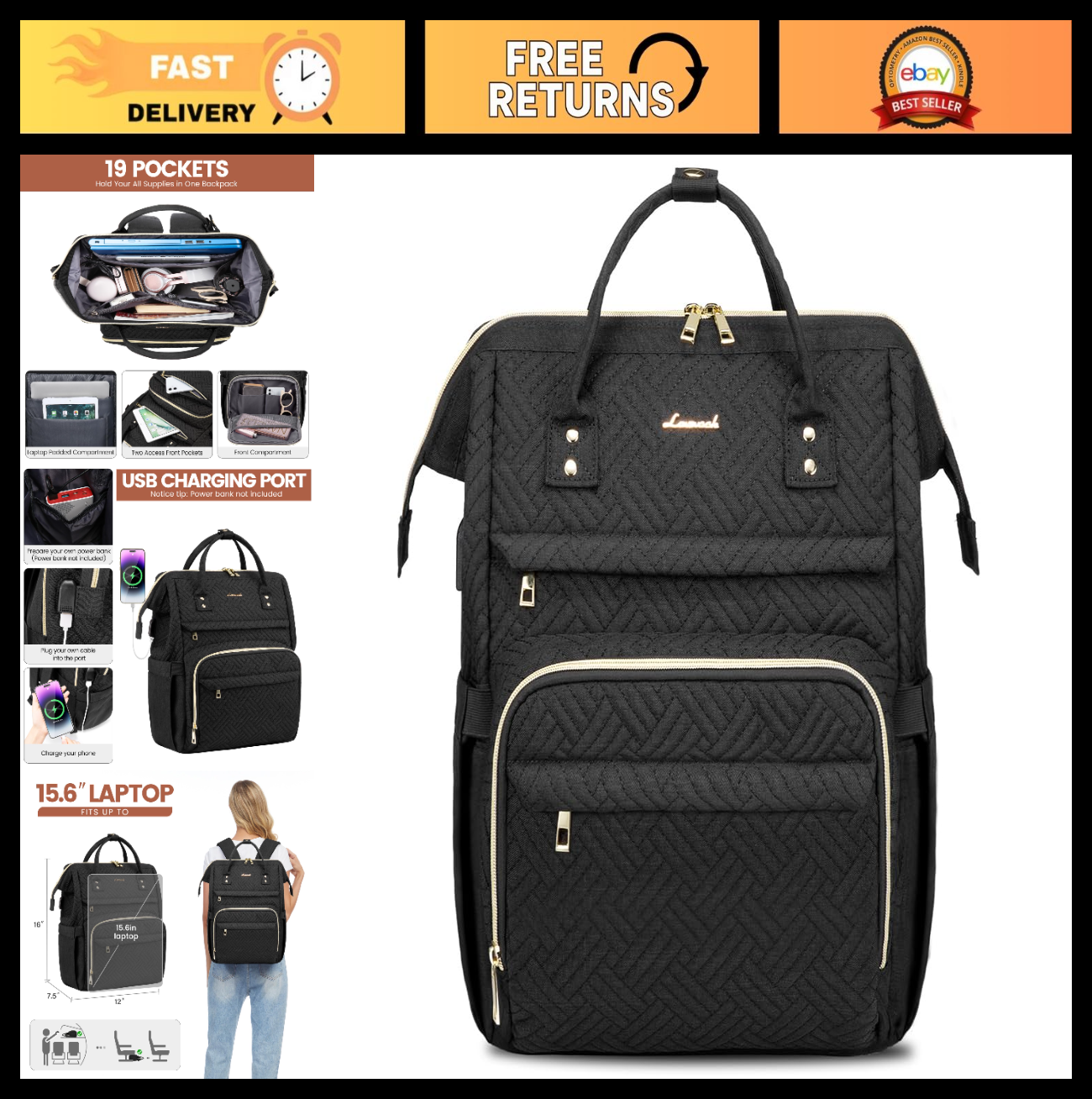Stylish 15.6" Laptop Backpack for Women   Waterproof Travel Bag with USB Port, I0