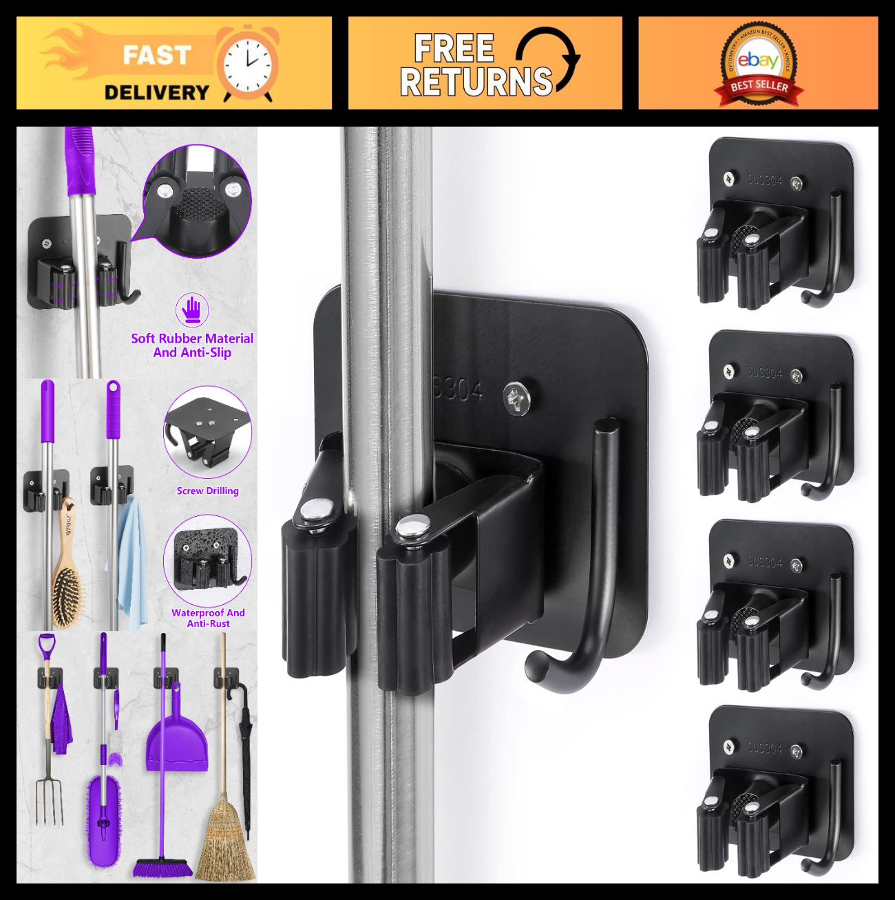 Heavy Duty Stainless Steel Broom Holder, Rust Resistant, 4 Gripper Positions & H0