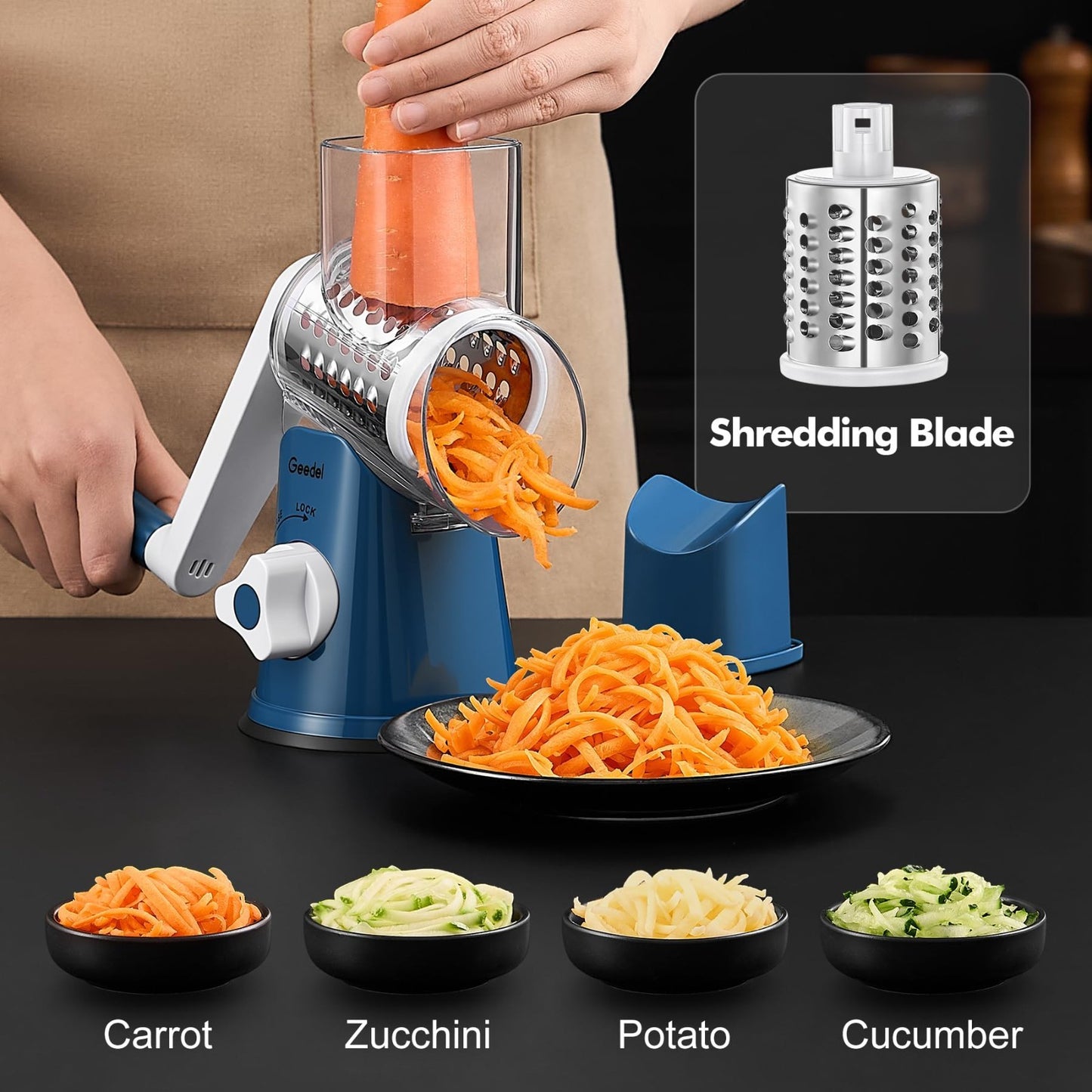 Rotary Cheese Grater & Vegetable Slicer   3 Blades, Stainless Steel, Fast Cuttin2