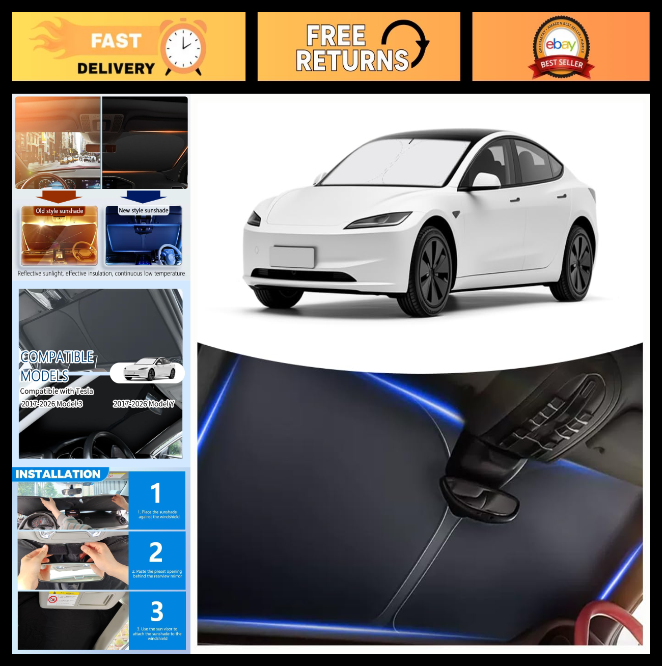Foldable Car Windshield Sun Shade for Tesla Model 3/Y 2017-2026, Oxford Cloth, U0