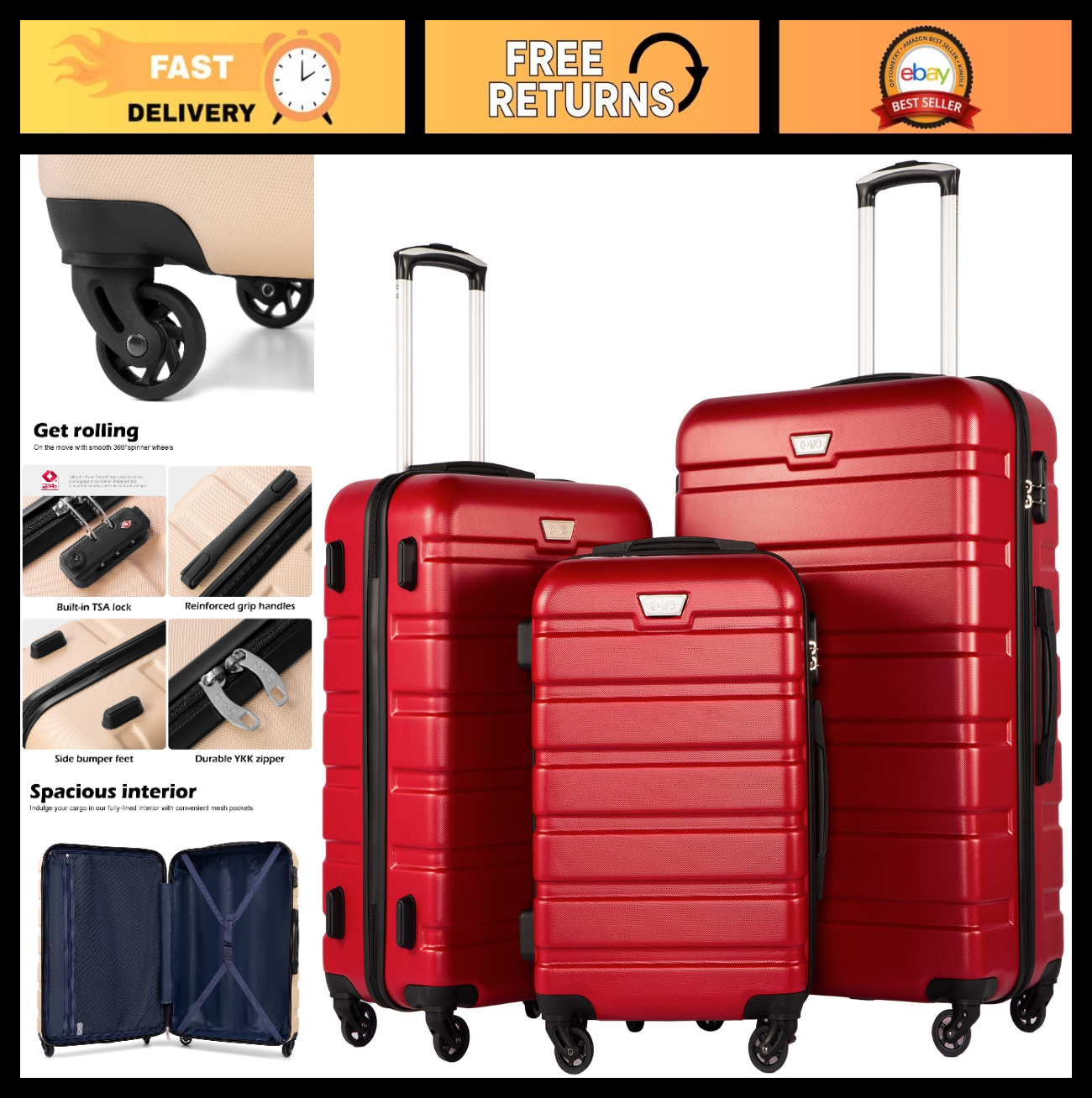 Lightweight 3-Piece Hardshell Luggage Set, Red - 360° Spinner Wheels, TSA Lock,0