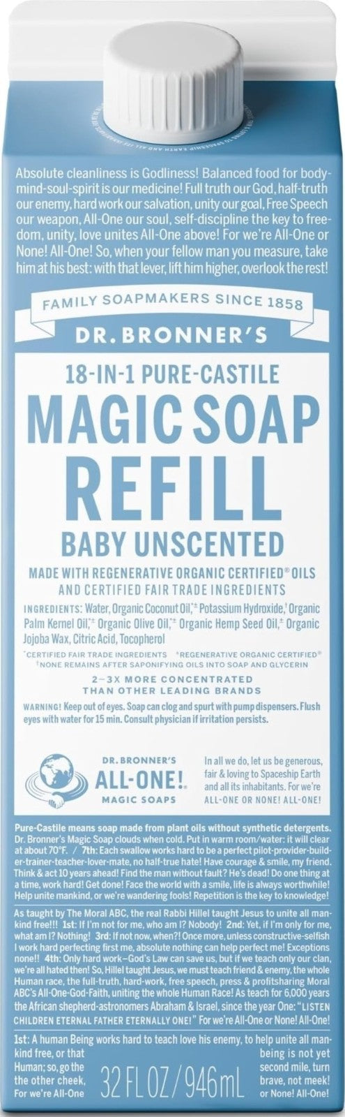 Pure-Castile Liquid Soap Refill 32oz - Organic, Eco-Friendly, 18-in-1 Uses, Unsc1
