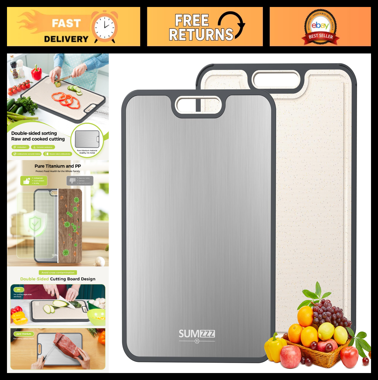 Large Double Sided Titanium Cutting Board, Food Grade, Easy to Clean 16”x110